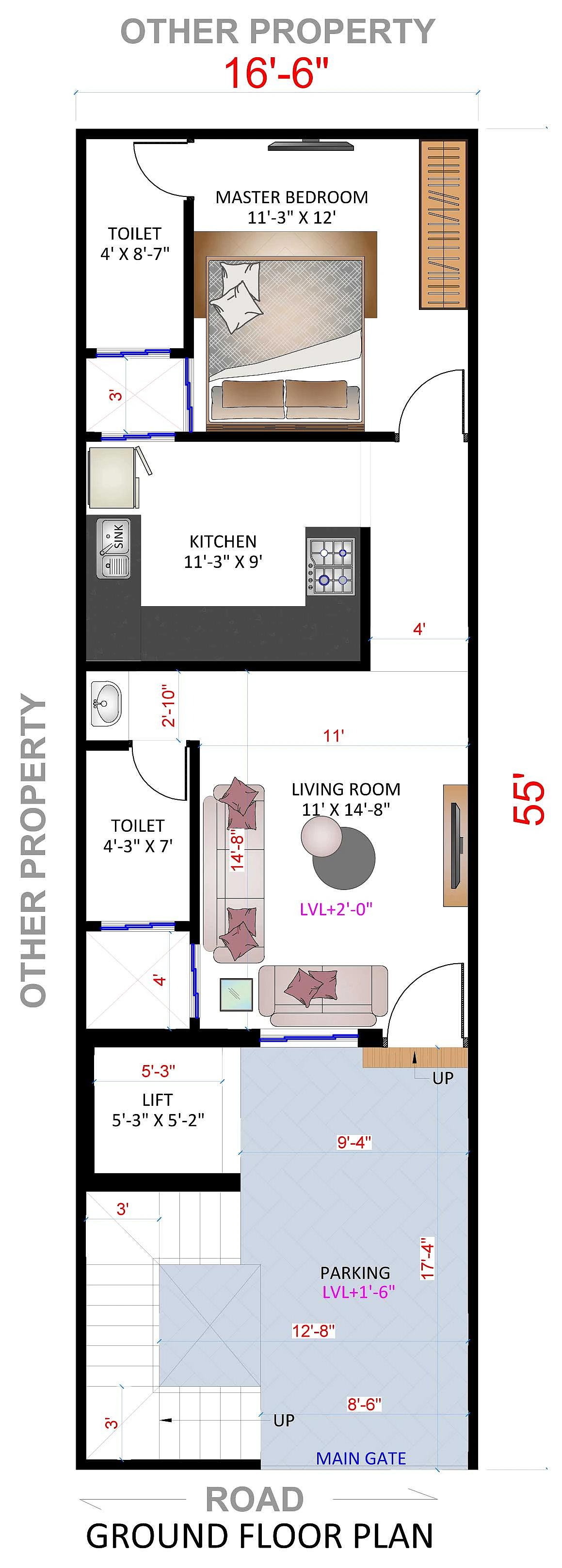 16X55 House plan- 880 sqft Residential house design At Kanpur thumbnail 3 — Project ID 8408