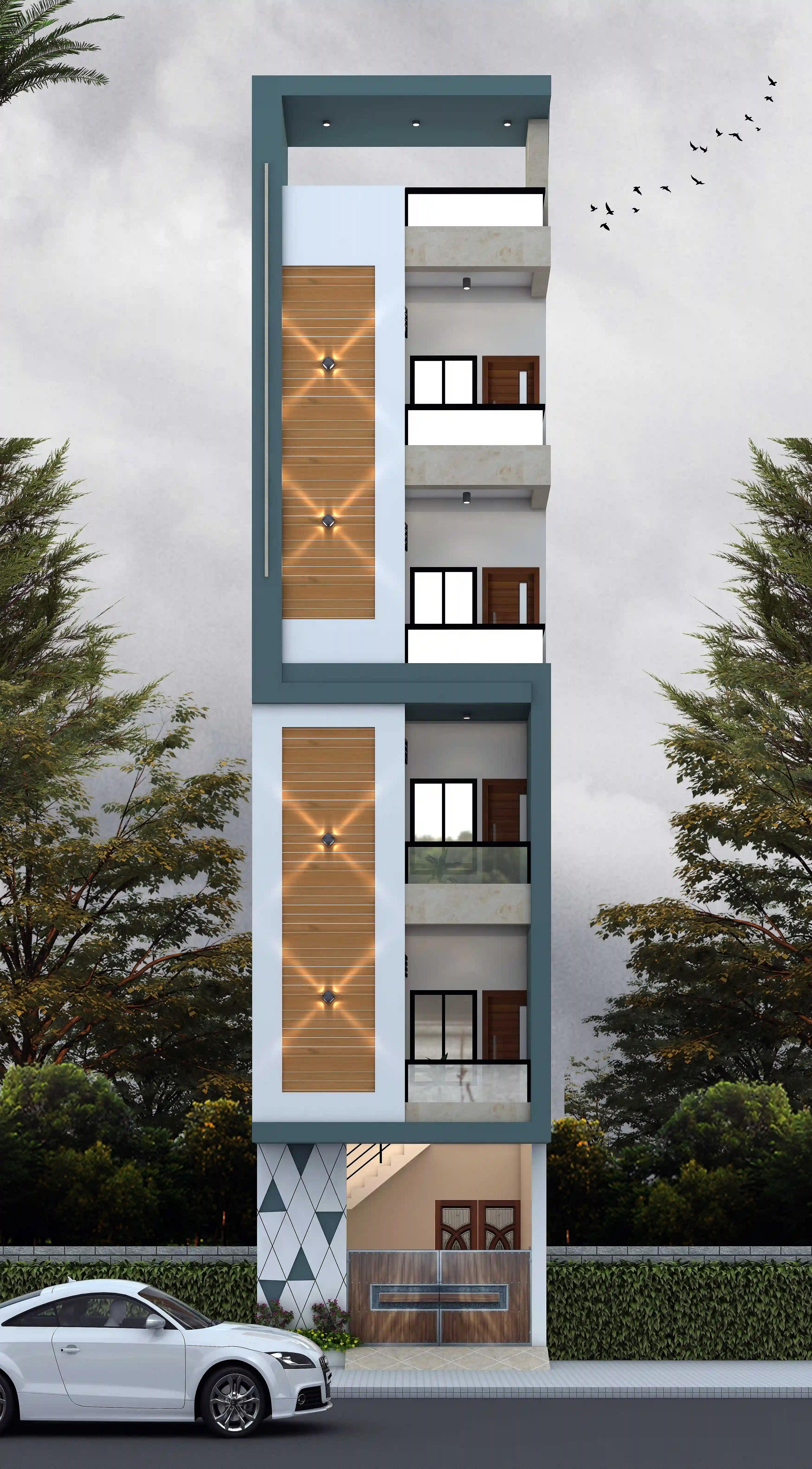 15X40 House plan- 600 sqft Residential Cum Commercial house design At Delhi front elevation, 15x40 ft plot, 1 BHK, west facing, G+4, Delhi
