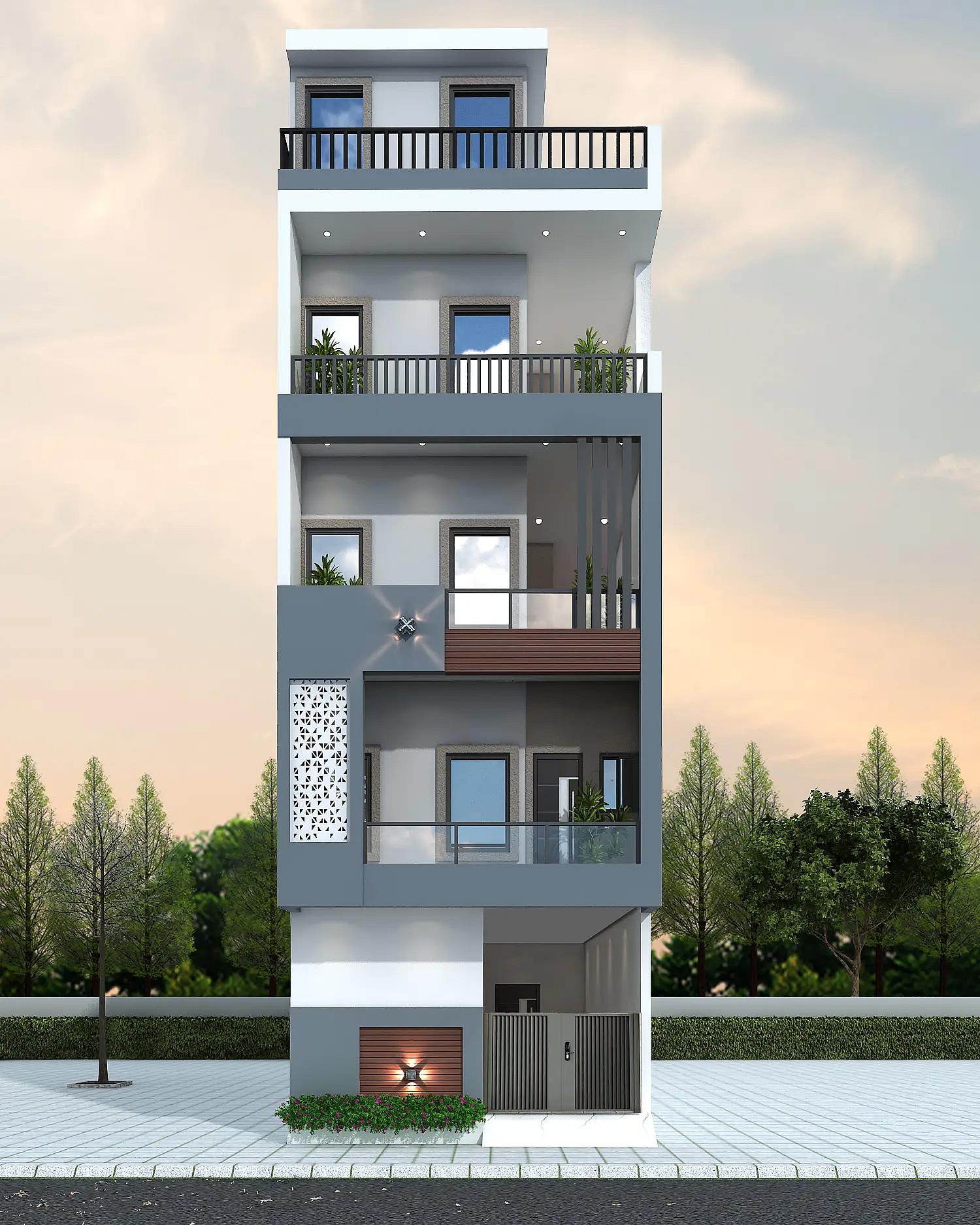 18X50 Residential House with Rental House plan- 900 sqft Residential house design At Chandauli [UP] front elevation, 18x50 ft plot, south east facing, G+3, Chandauli