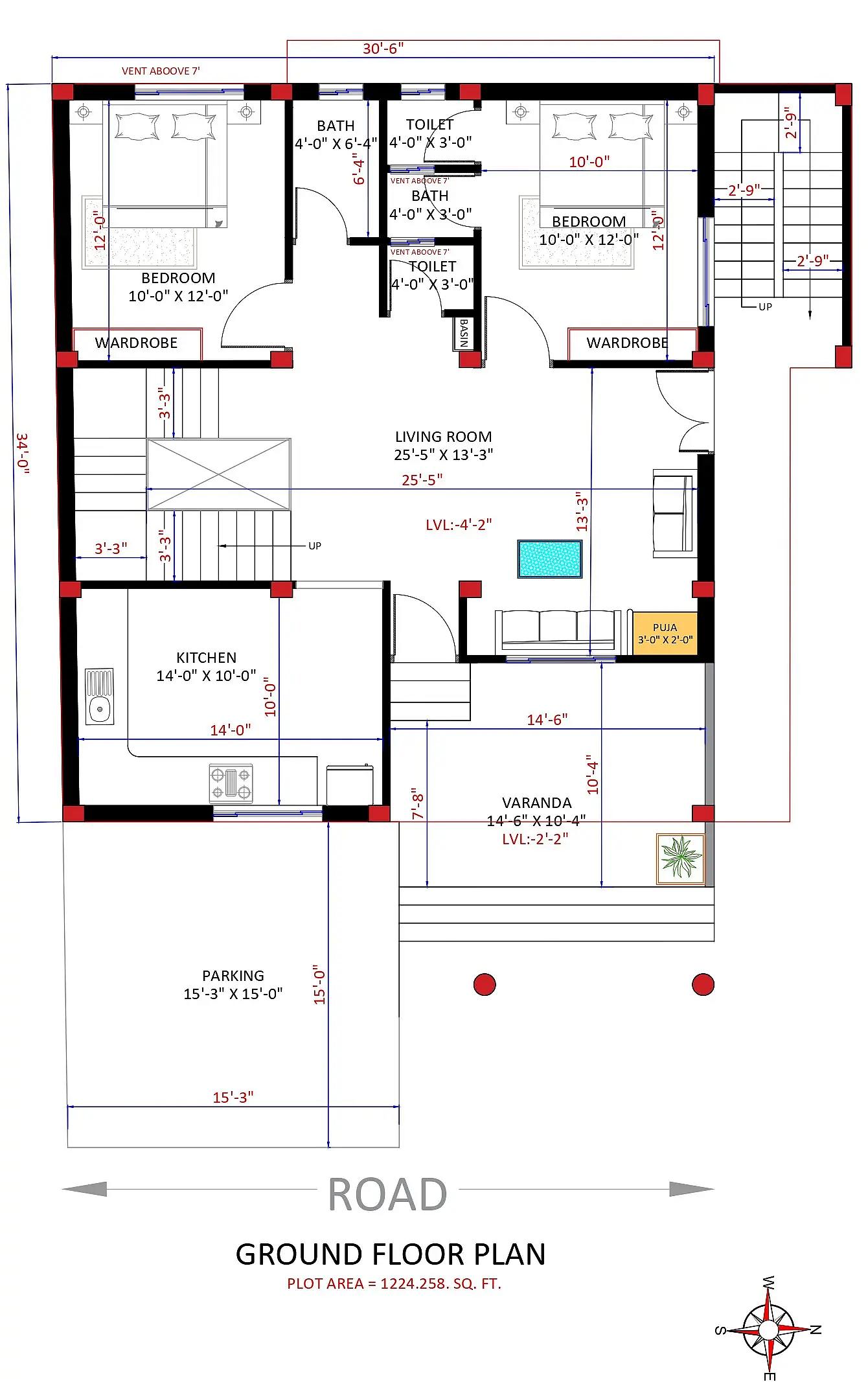 30X34 House plan- 1020 sqft Residential house design At Indore thumbnail 2 — Project ID 8412