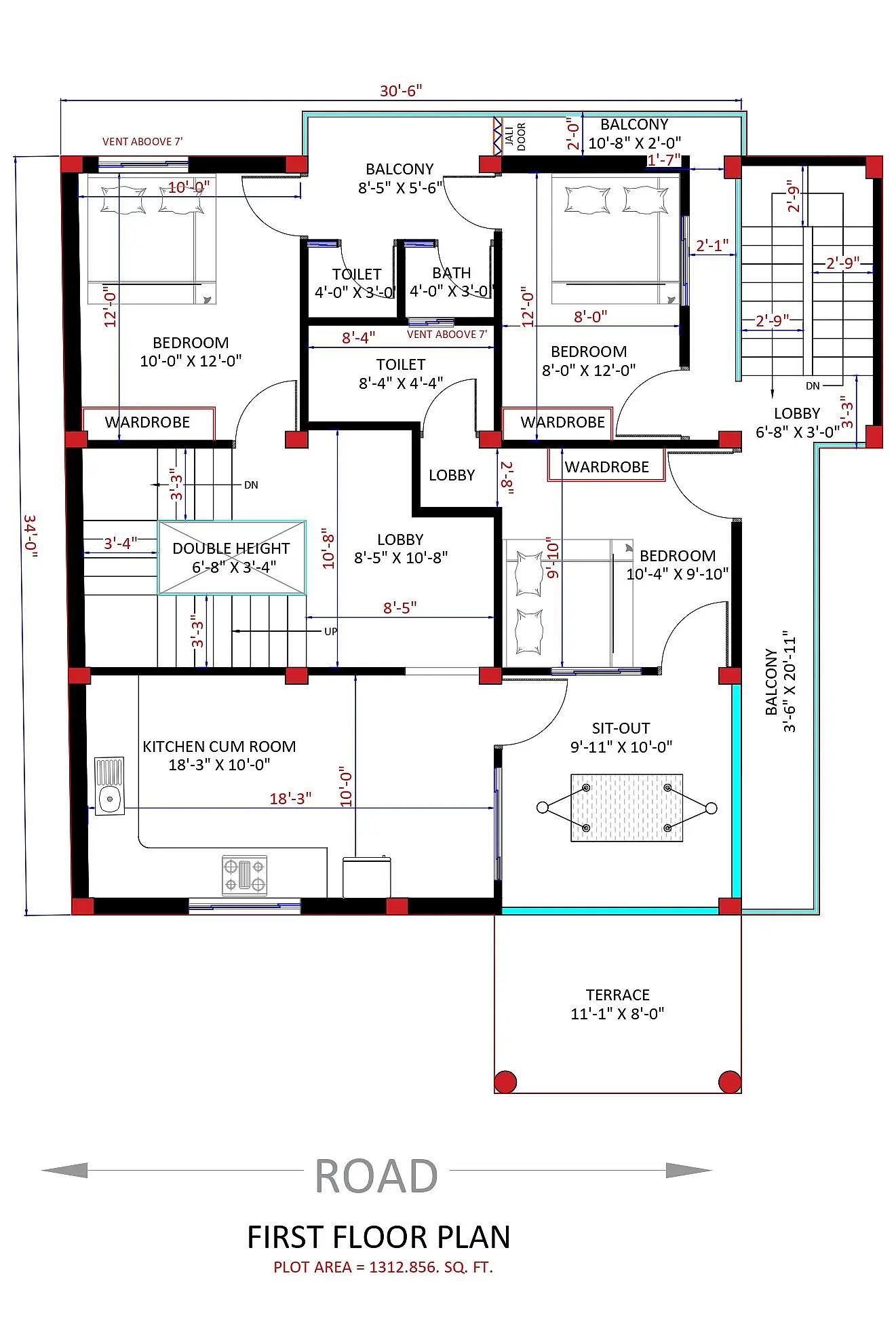 30X34 House plan- 1020 sqft Residential house design At Indore thumbnail 3 — Project ID 8412