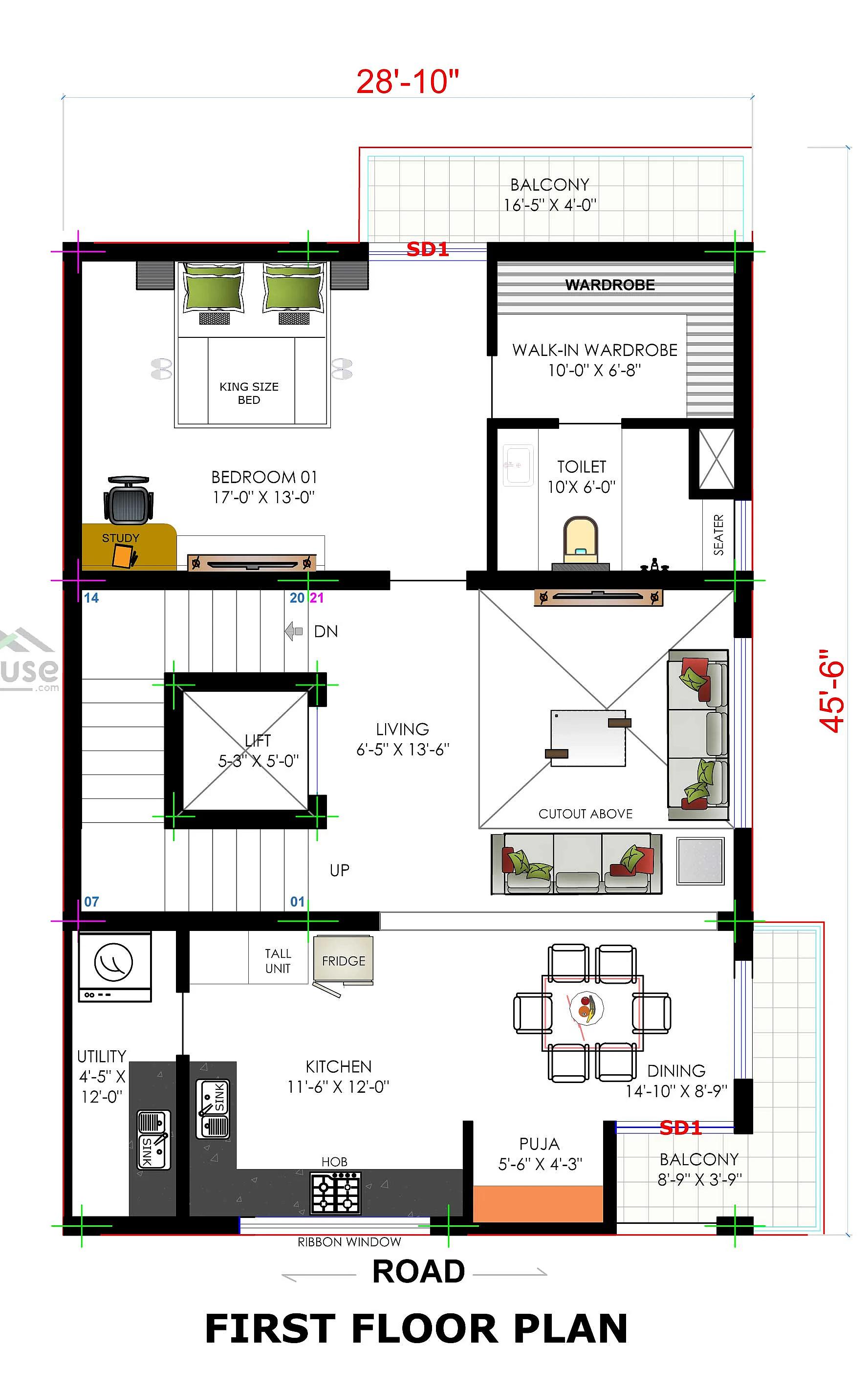 35X47 House plan- 1645 sqft Residential house design At Chennai thumbnail 4 — Project ID 8414