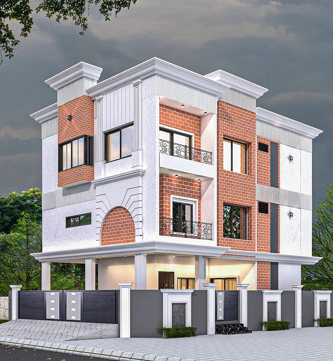 35X47 House plan- 1645 sqft Residential house design At Chennai [TN] front elevation, 35x47 ft plot, 2 BHK, east facing, G+2, Chennai