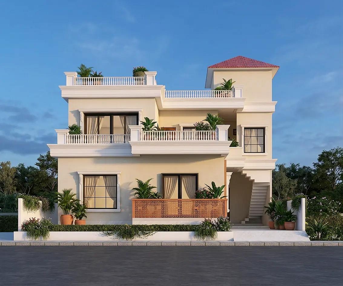 44X73 Residential House with Rental House plan- 3212 sqft Residential house design At Dehradun [UL] front elevation, 44x73 ft plot, 1 BHK, south west facing, G+1, Dehradun