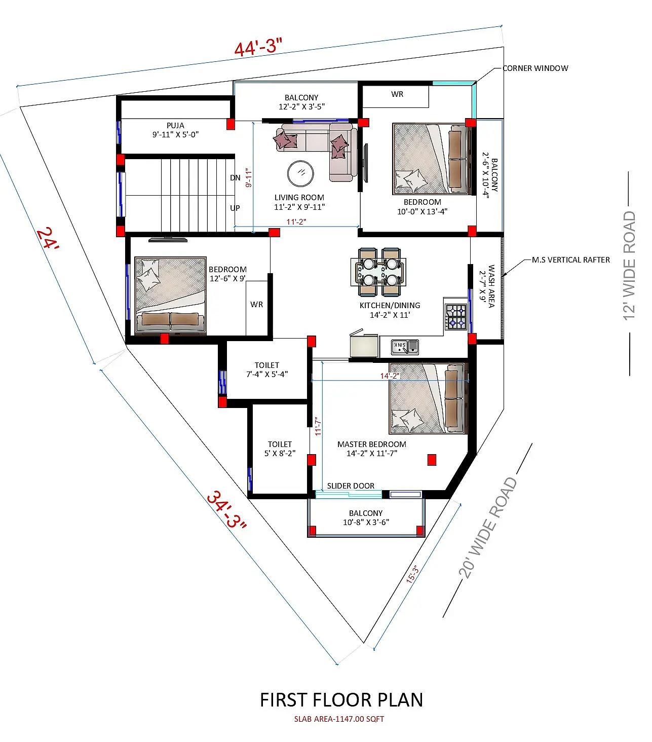 44X55 House plan- 2420 sqft Residential house design At kolkata thumbnail 3 — Project ID 8418