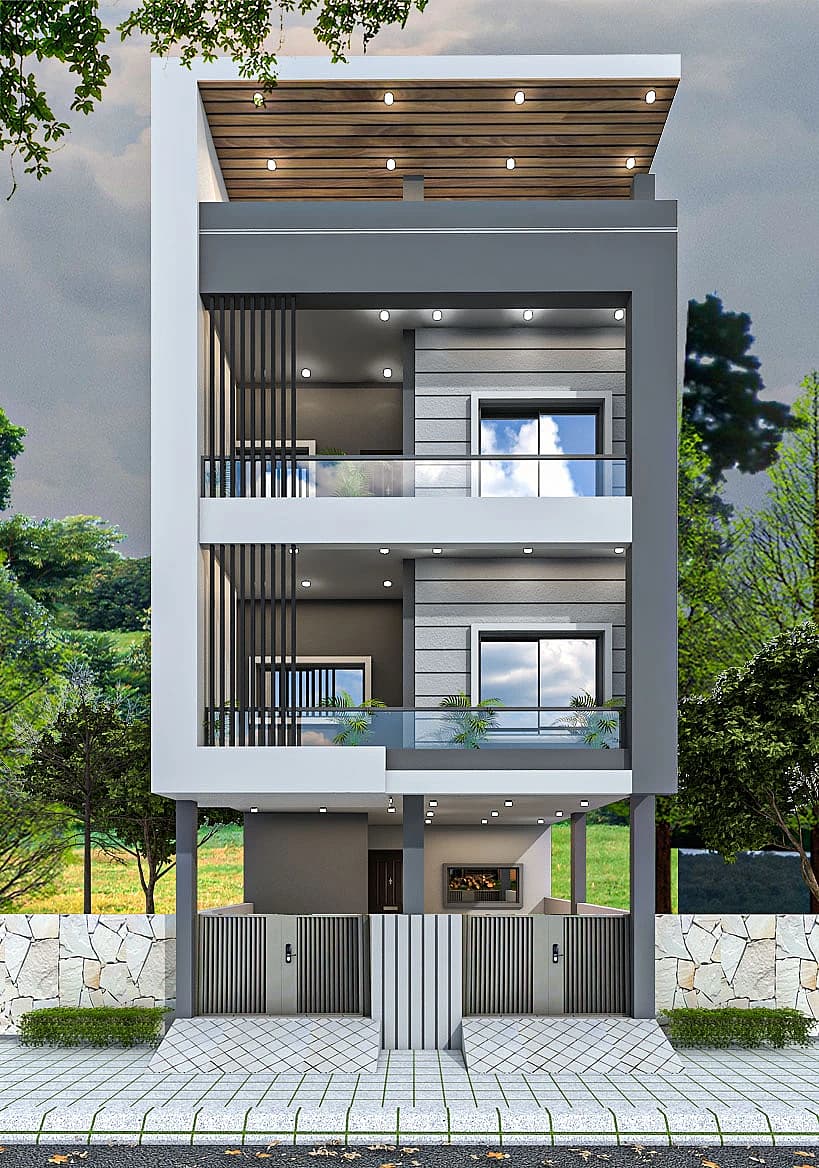 23X62 Apartment plan- 1426 sqft Residential Cum Commercial house design At Prayagraj [UP] front elevation, 23x62 ft plot, 5 BHK, east facing, G+3, Prayagraj