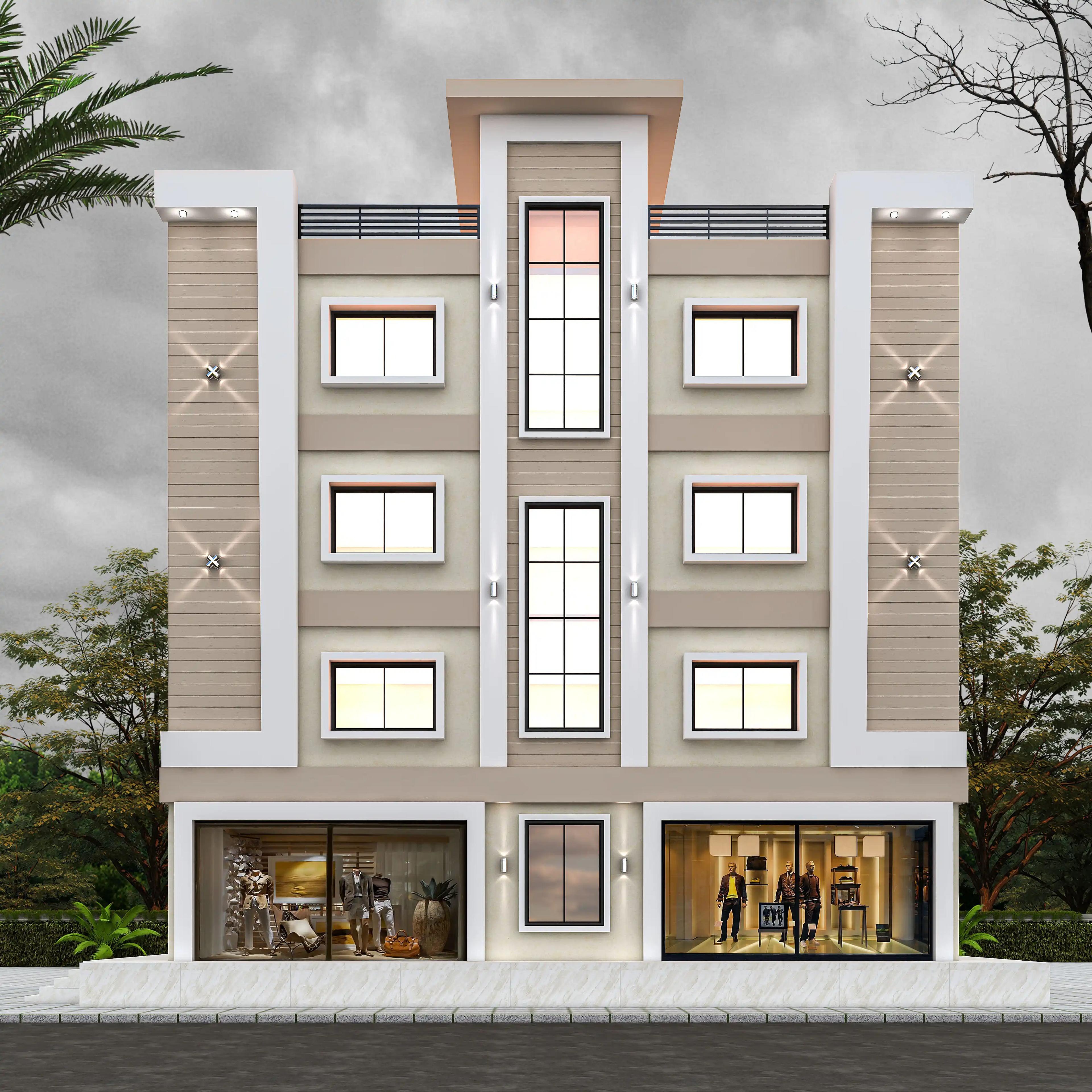 45X25 Shopping complex with rental apartment plan- 1125 sqft Residential Cum Commercial house design At Bangalore [KA] front elevation, 45x25 ft plot, south west facing, G+3, Bangalore