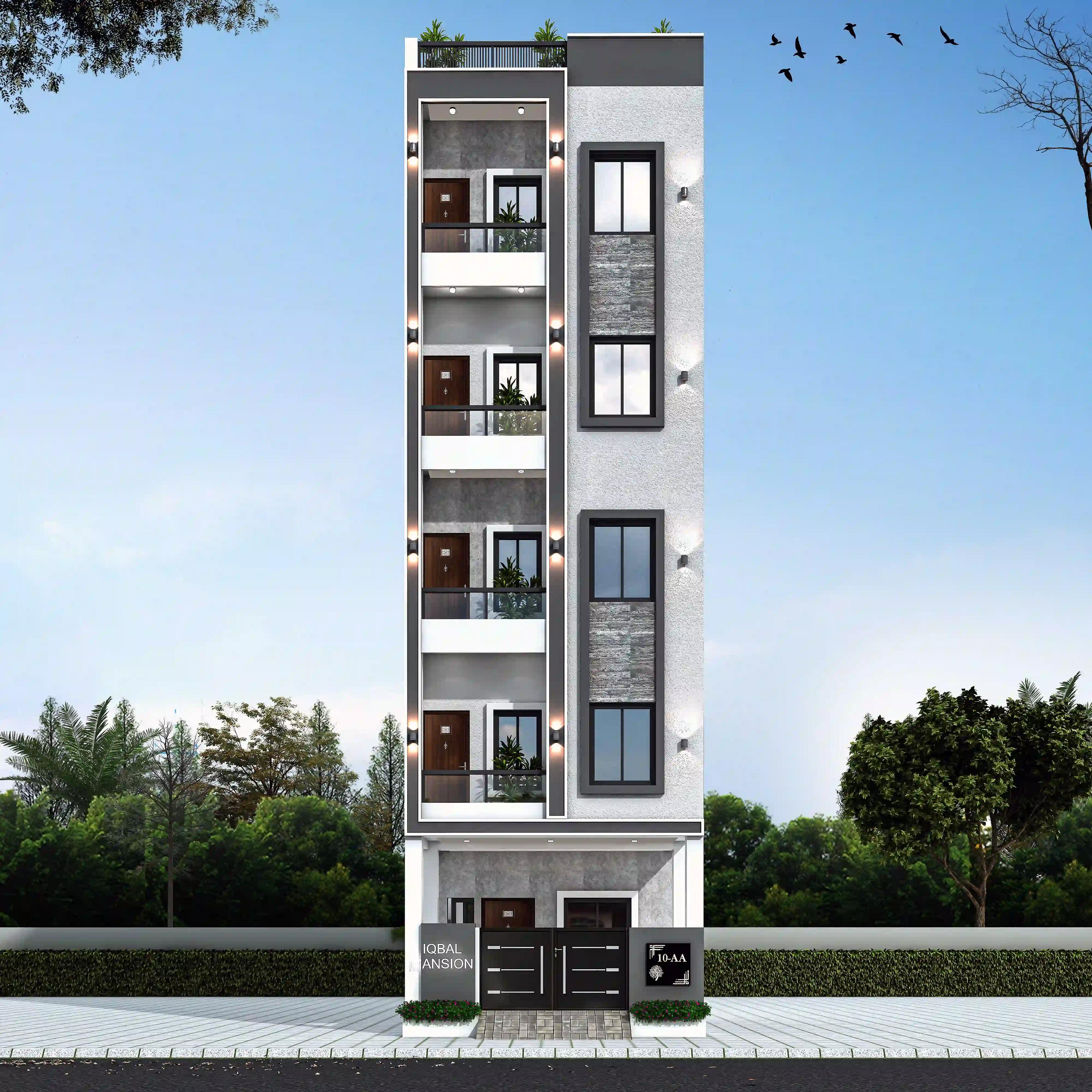19X52 House plan- 988 sqft Residential Cum Commercial house design At Hyderabad [TG] front elevation, 19x52 ft plot, west facing, G+4, Hyderabad