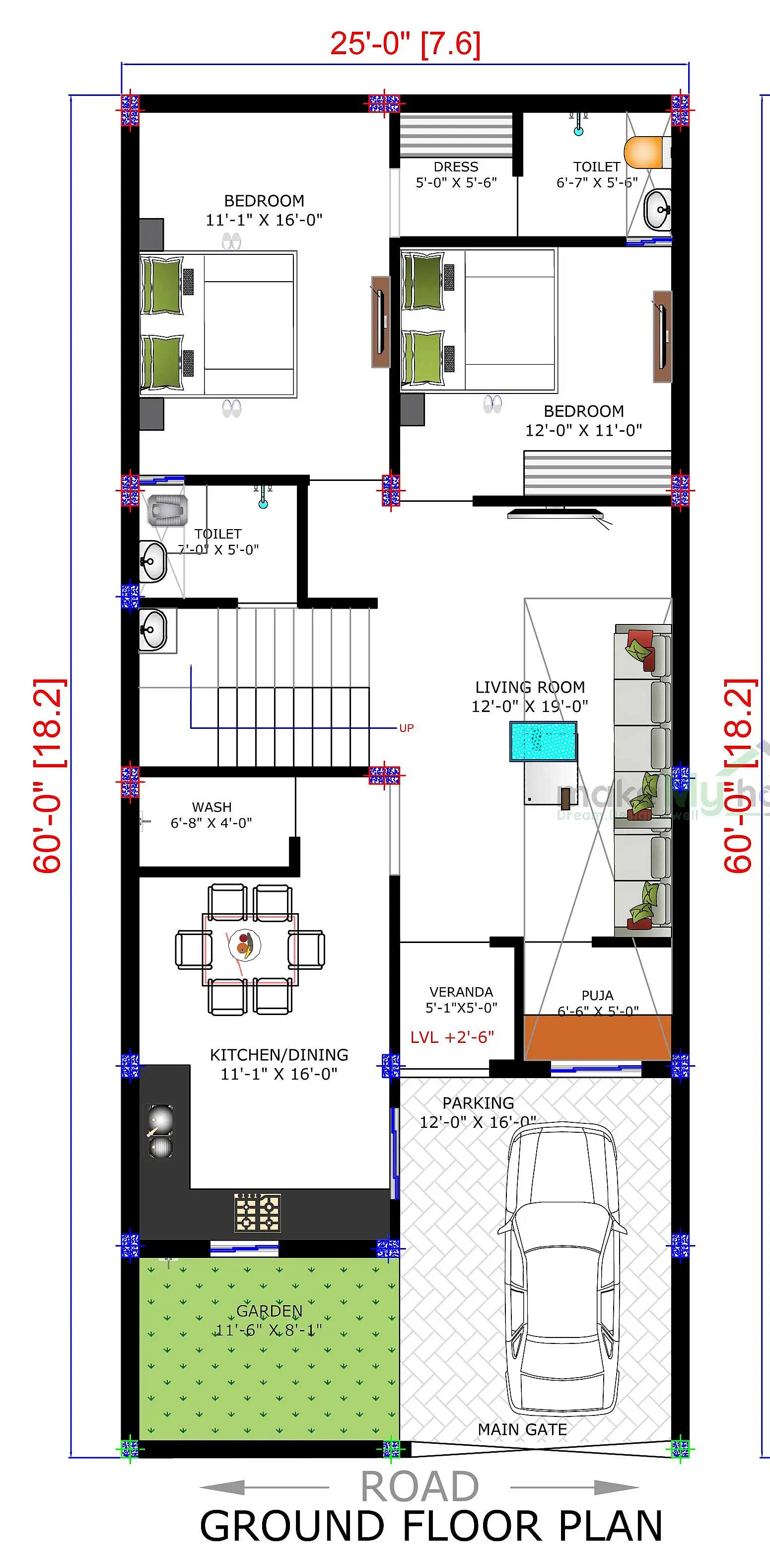 25X60 House plan- 1500 sqft Residential house design At Jhansi thumbnail 4 — Project ID 8486