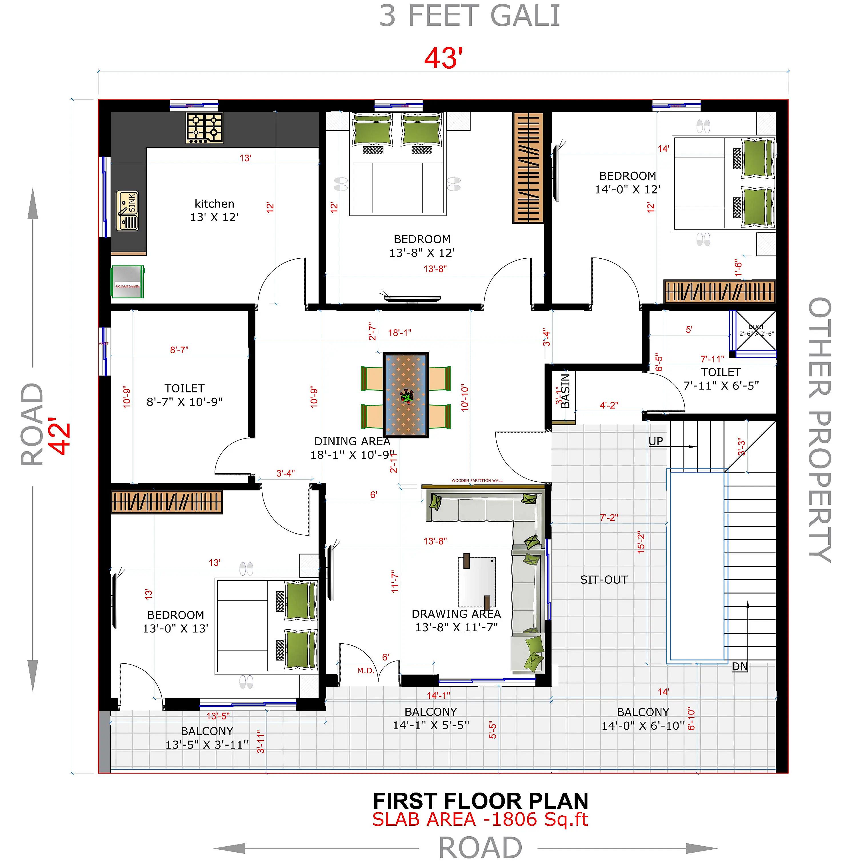 43X42 House plan- 1806 sqft Residential house design At Orai thumbnail 3 — Project ID 8489
