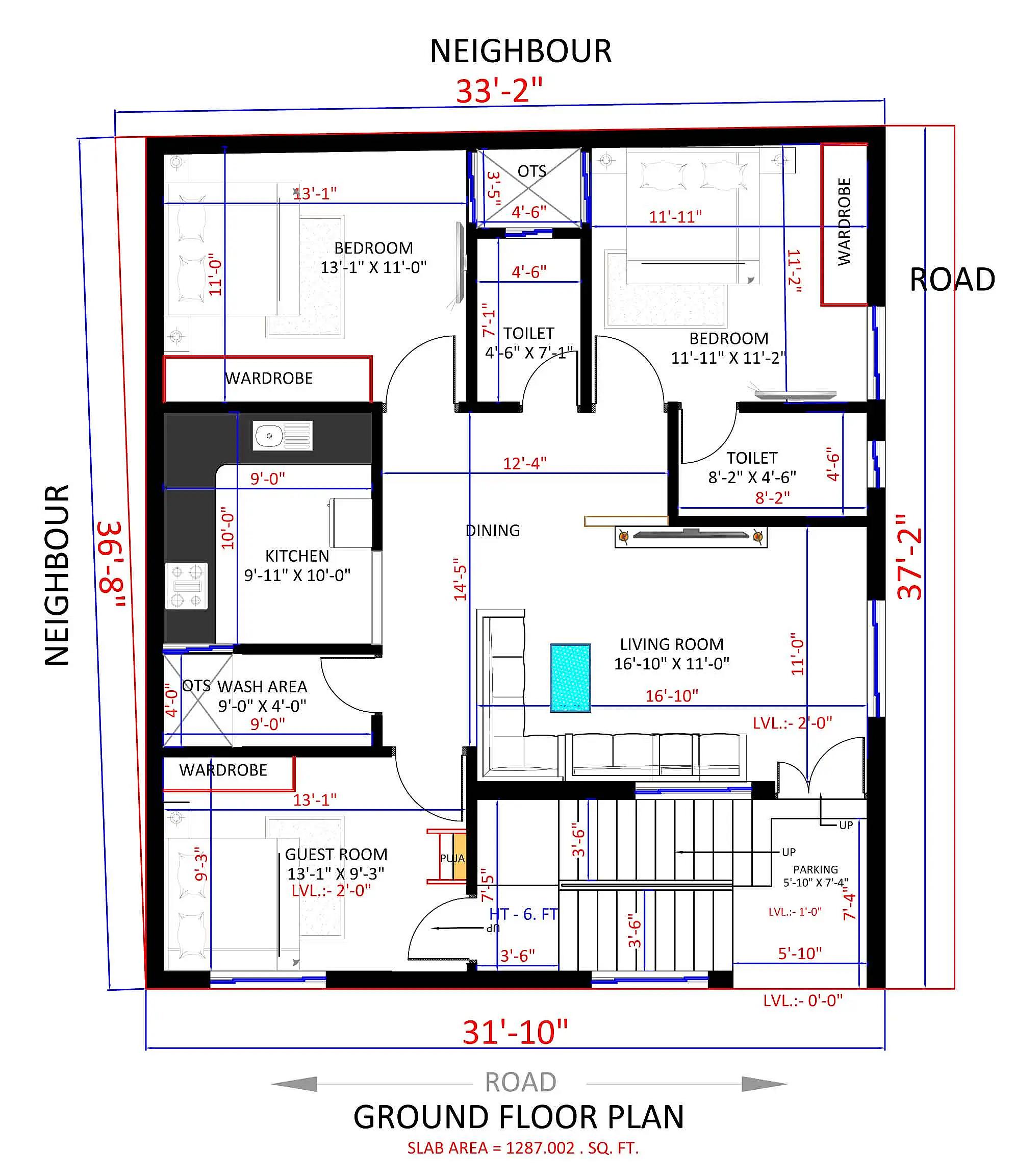 33X37 House plan- 1221 sqft Residential house design At Mathura thumbnail 2 — Project ID 8491