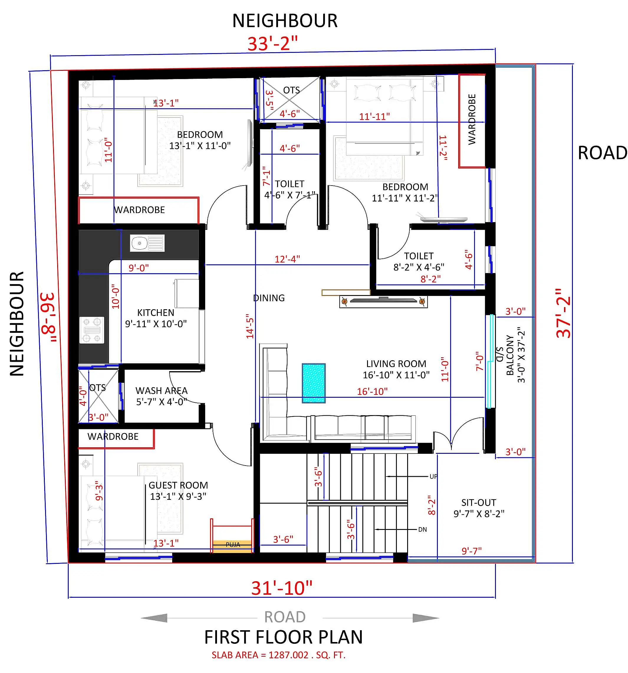 33X37 House plan- 1221 sqft Residential house design At Mathura thumbnail 3 — Project ID 8491
