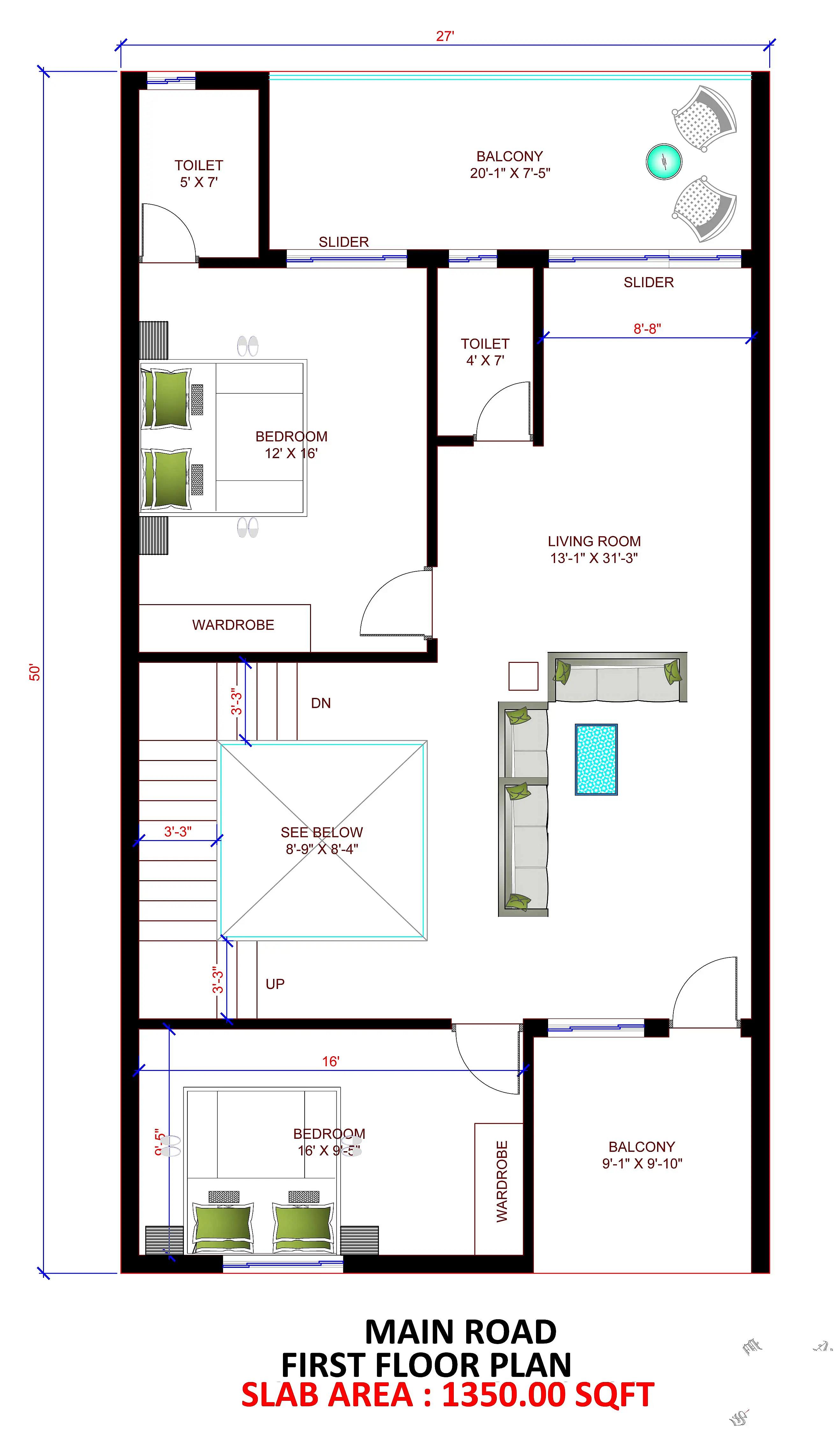 27X50 House plan- 1350 sqft Residential house design At Sikarndrabad thumbnail 3 — Project ID 8492