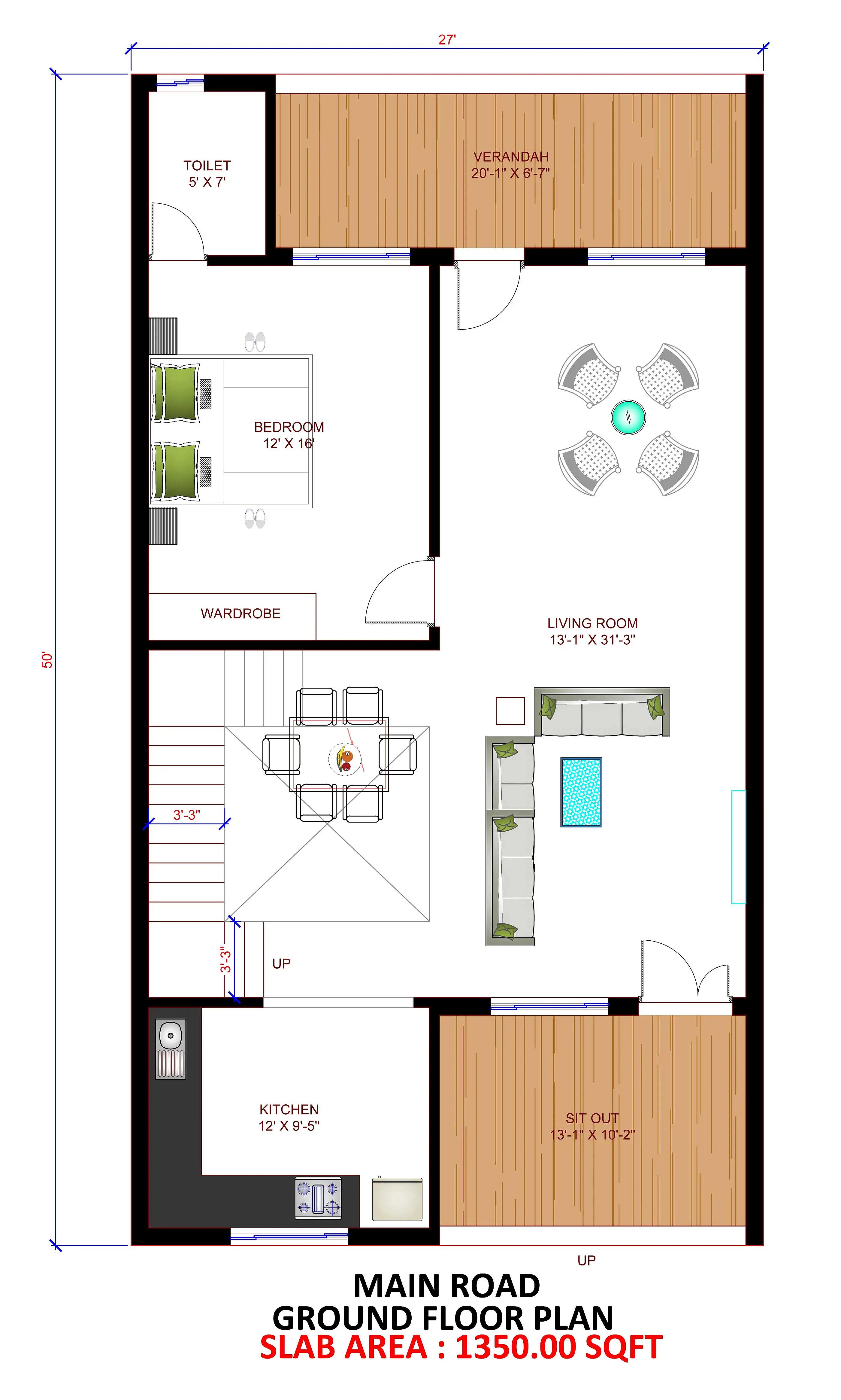 27X50 House plan- 1350 sqft Residential house design At Sikarndrabad thumbnail 2 — Project ID 8492