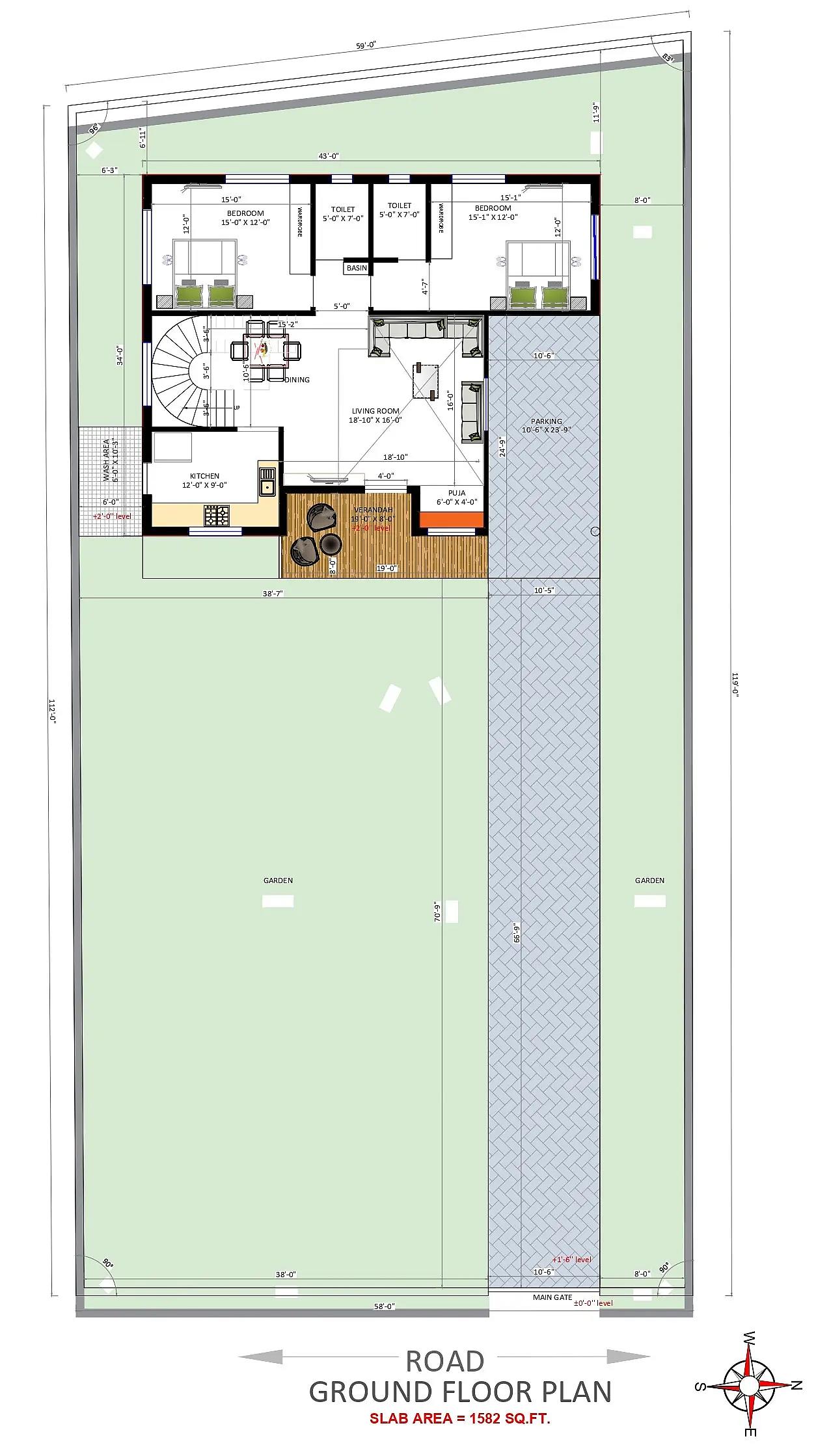 58X34 House plan- 1972 sqft Residential house design At Patna thumbnail 2 — Project ID 8493