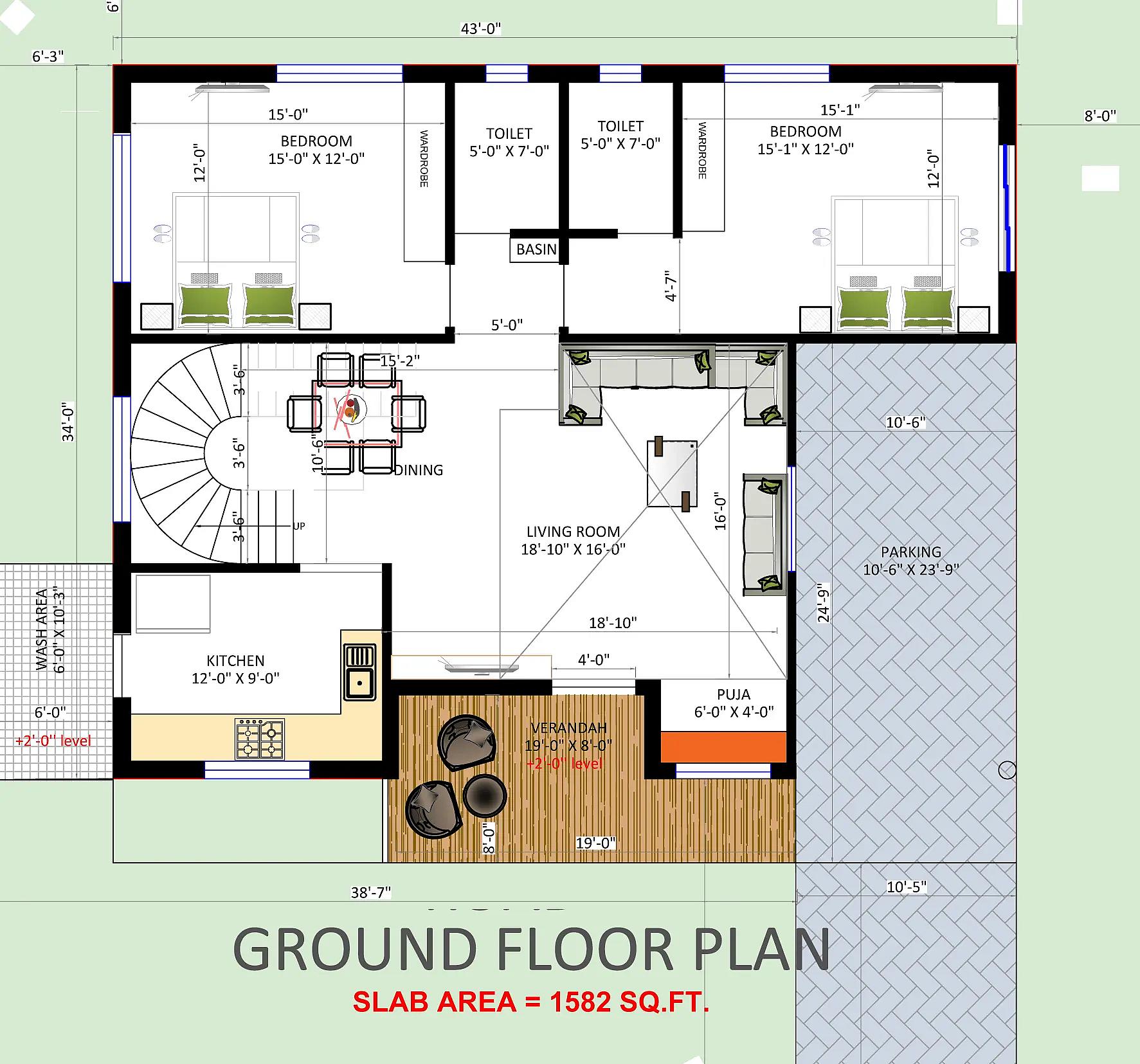58X34 House plan- 1972 sqft Residential house design At Patna thumbnail 3 — Project ID 8493