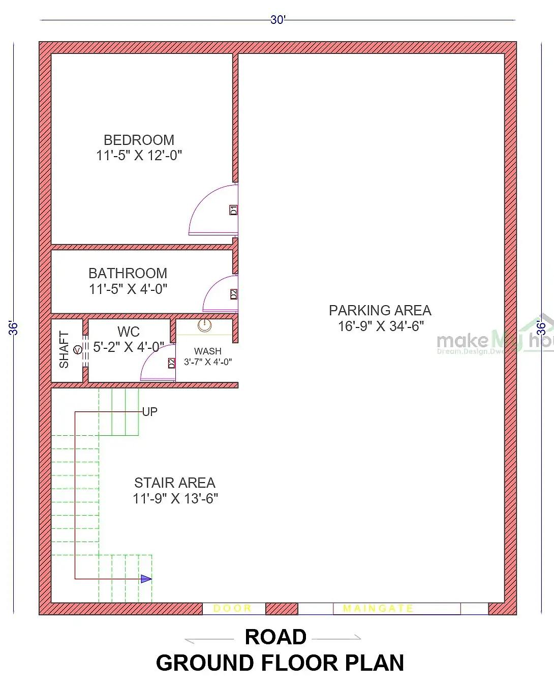 30X36 House plan- 1080 sqft Residential house design At Faridabad thumbnail 2 — Project ID 8495