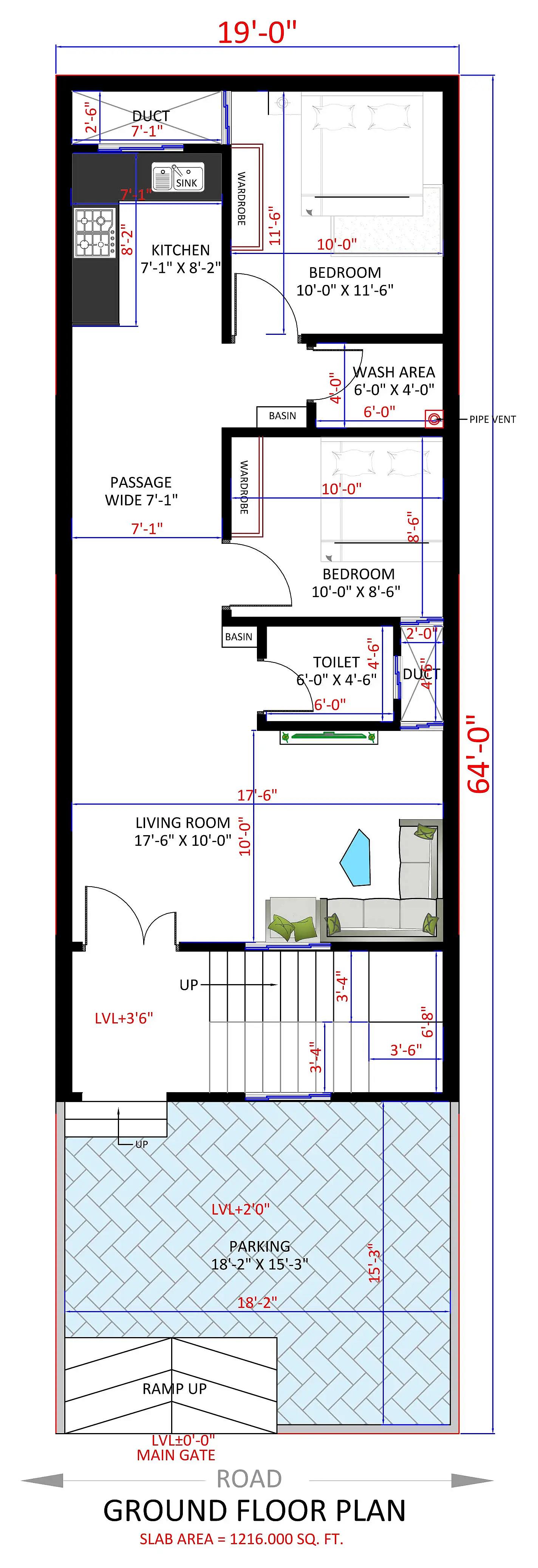 19X64 House plan- 1216 sqft Residential house design At Patna thumbnail 2 — Project ID 8496