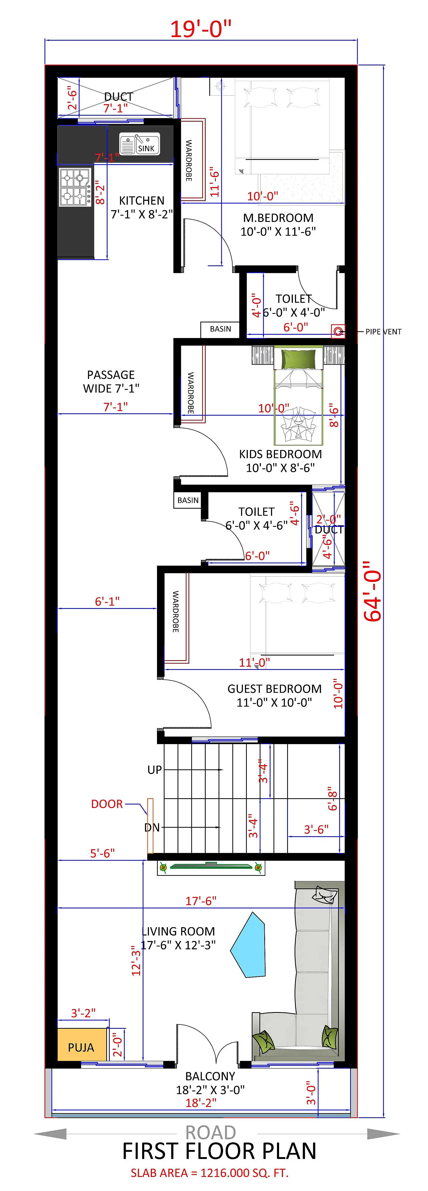 19X64 House plan- 1216 sqft Residential house design At Patna thumbnail 3 — Project ID 8496