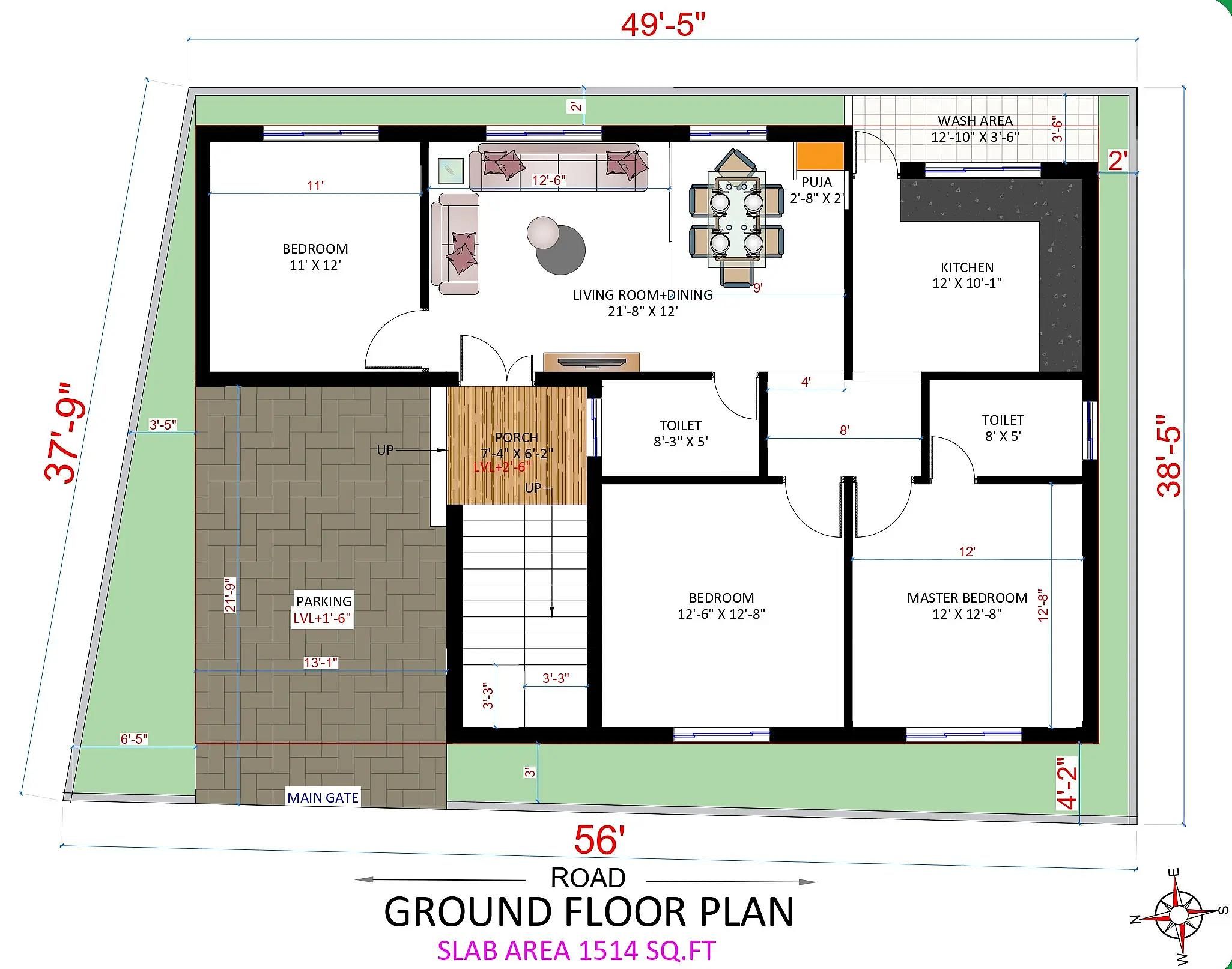 38X56 House plan- 2128 sqft Residential house design At Cuttack thumbnail 3 — Project ID 8498