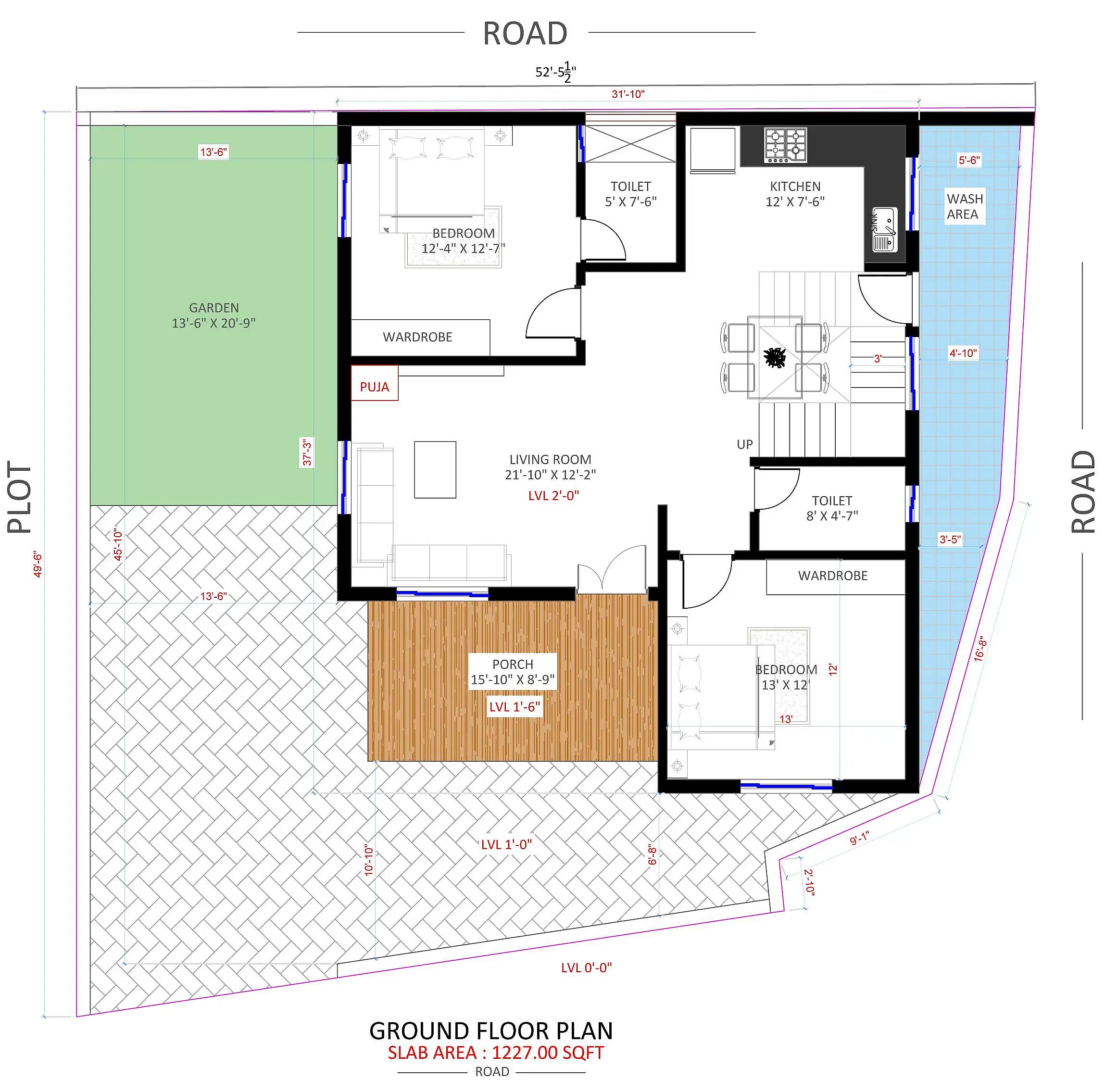 32X37 House plan- 1184 sqft Residential house design At Rajkot thumbnail 3 — Project ID 8500