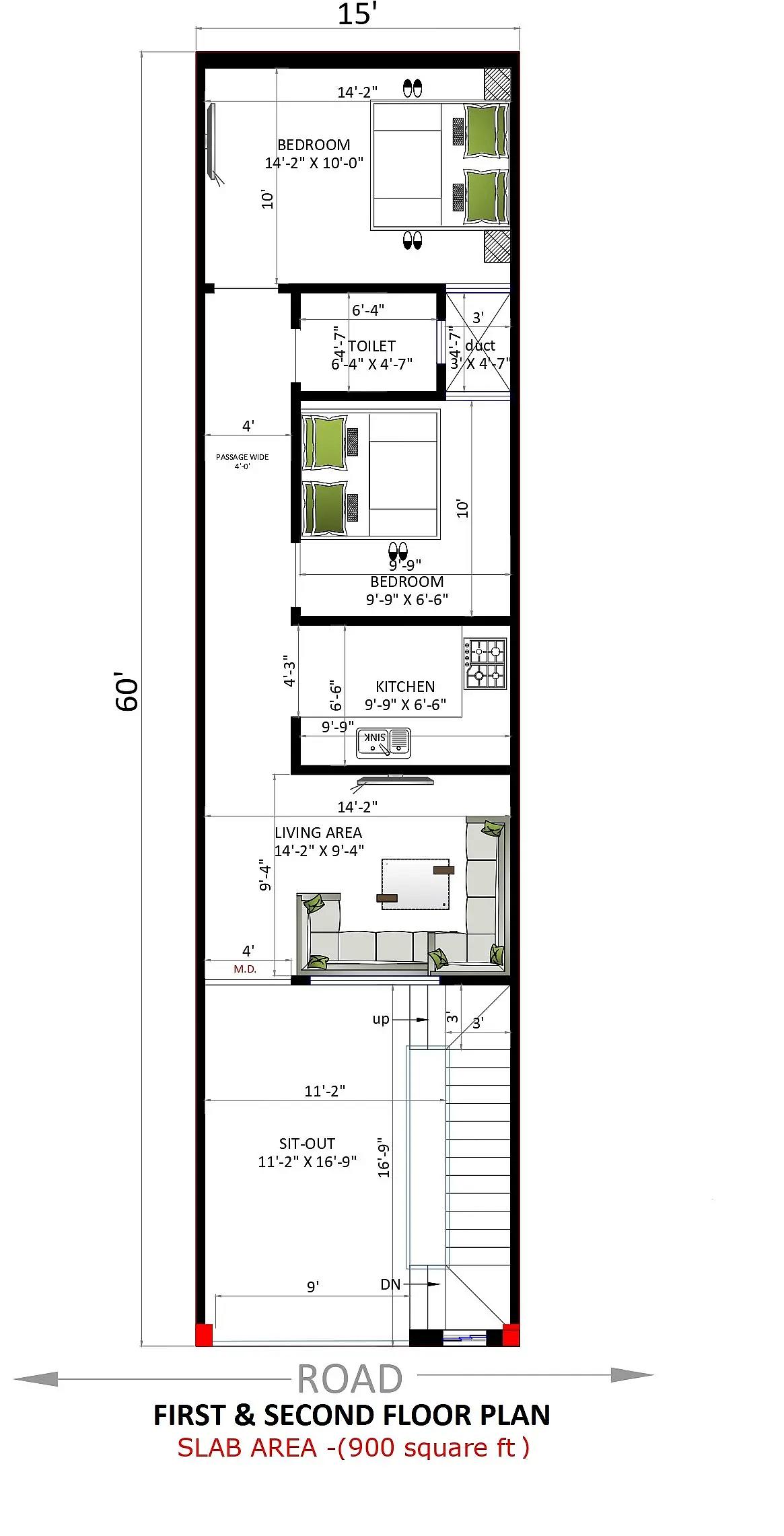 15X60 House plan- 900 sqft Residential house design At Kanpur thumbnail 3 — Project ID 8503
