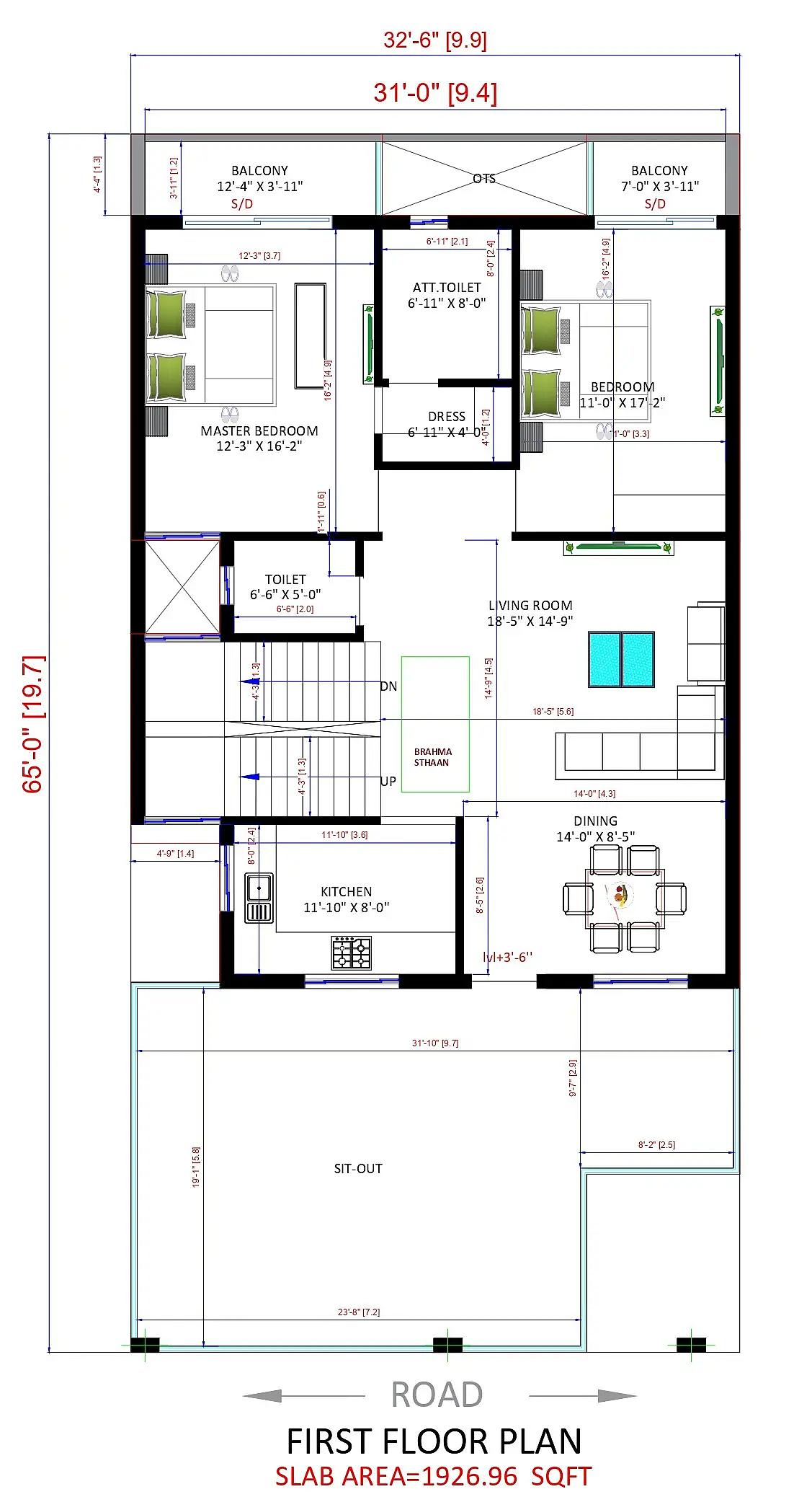 32X65 House plan- 2080 sqft Residential house design At Gurgaon thumbnail 3 — Project ID 8508