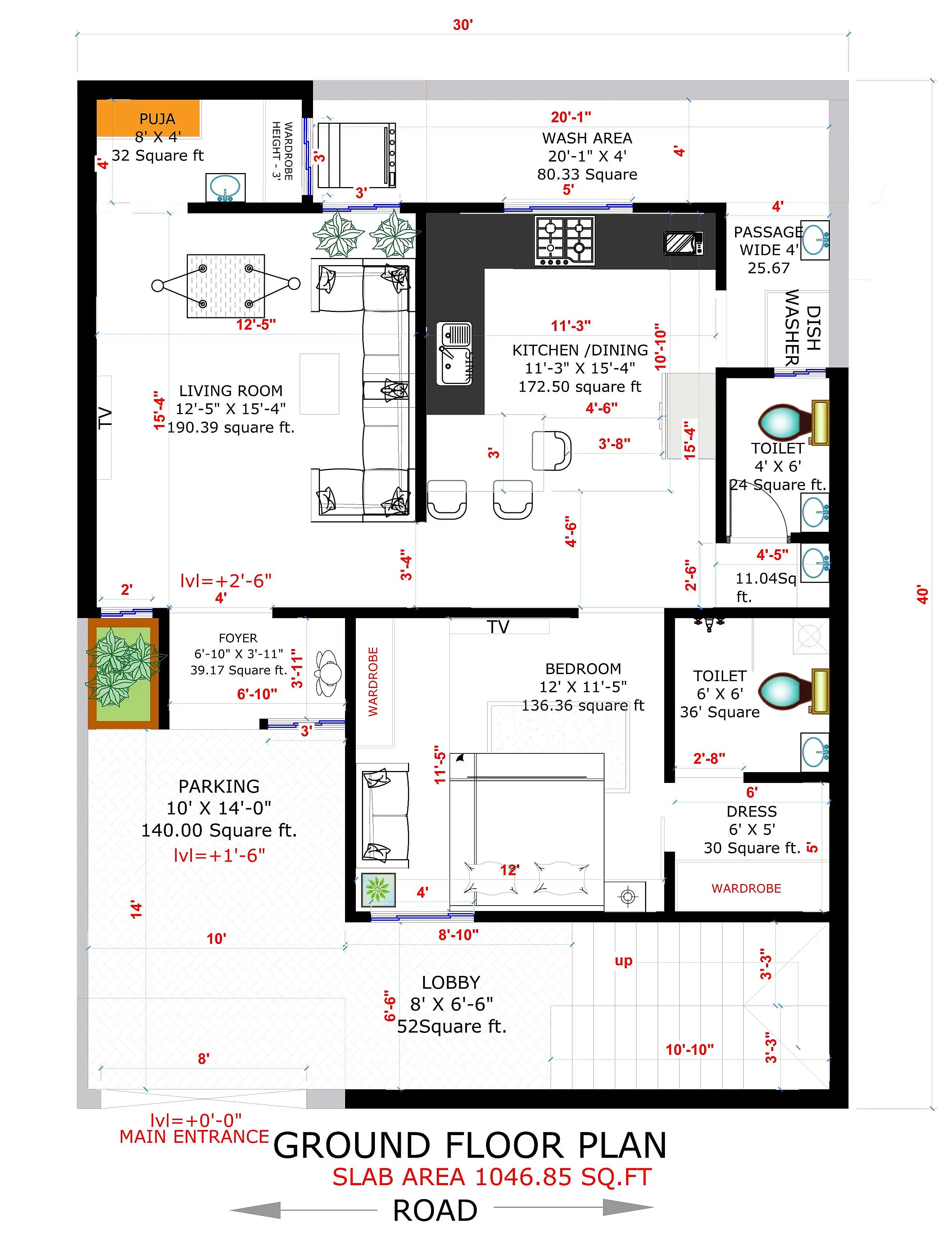30X40 House plan- 1200 sqft Residential house design At Raipur thumbnail 2 — Project ID 8509