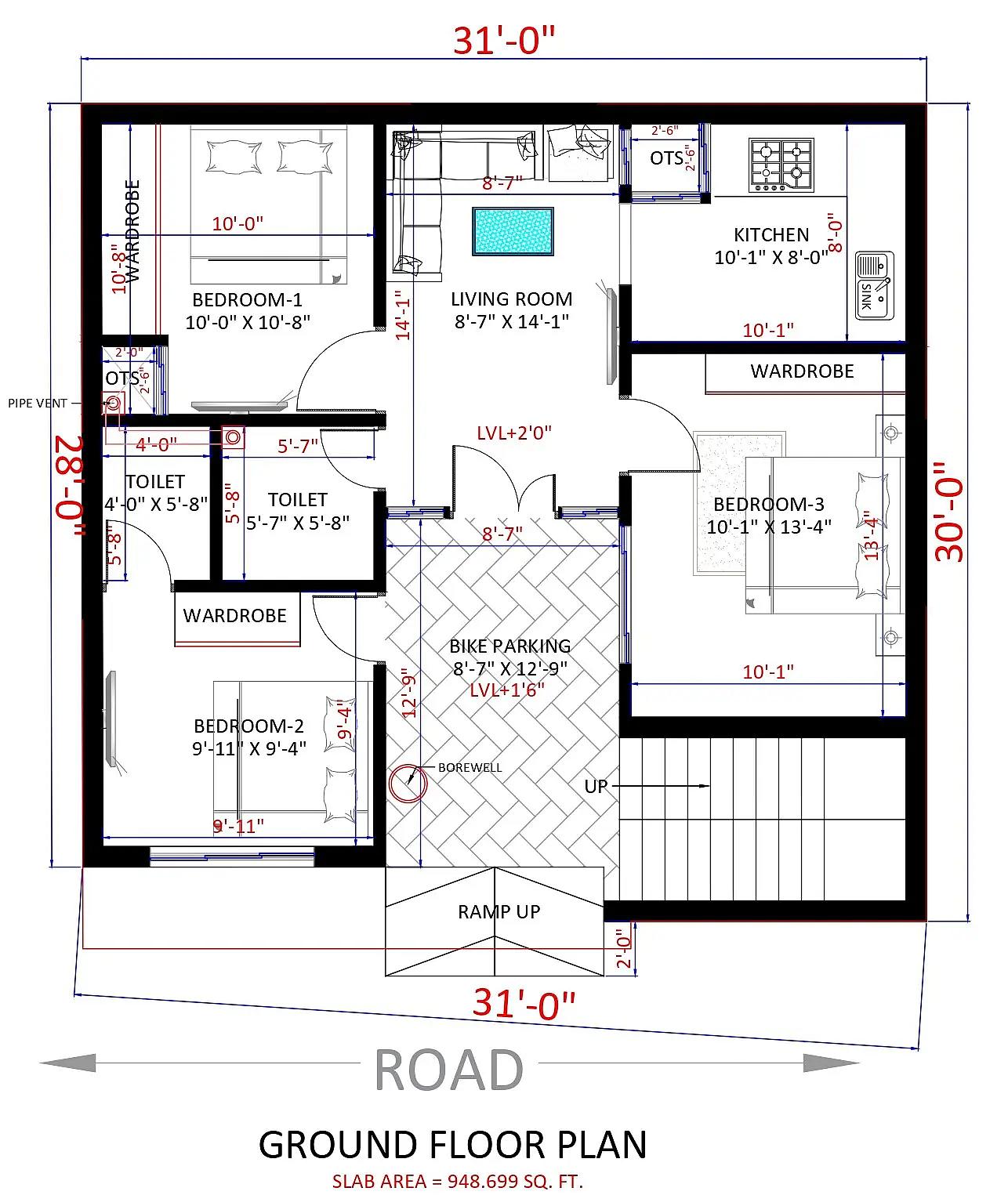 31X30 House plan- 930 sqft Residential house design At Raipur thumbnail 2 — Project ID 8510