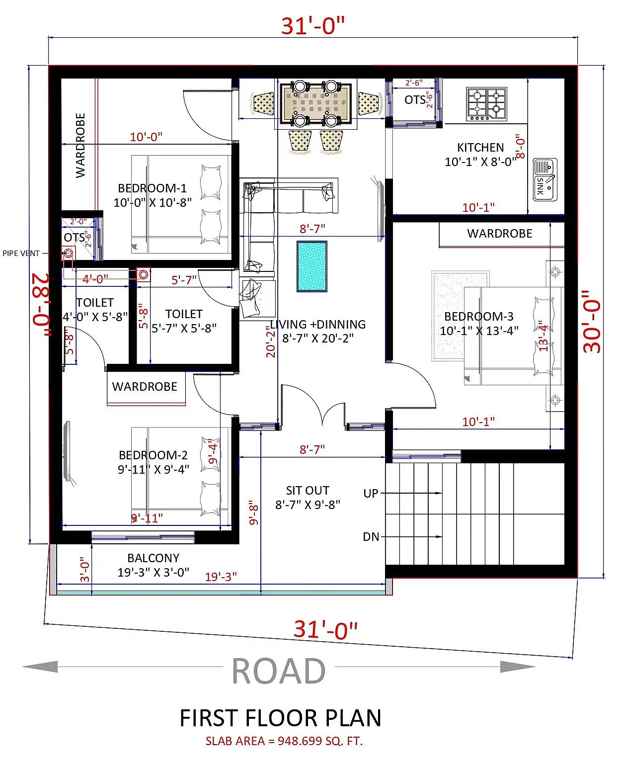 31X30 House plan- 930 sqft Residential house design At Raipur thumbnail 3 — Project ID 8510