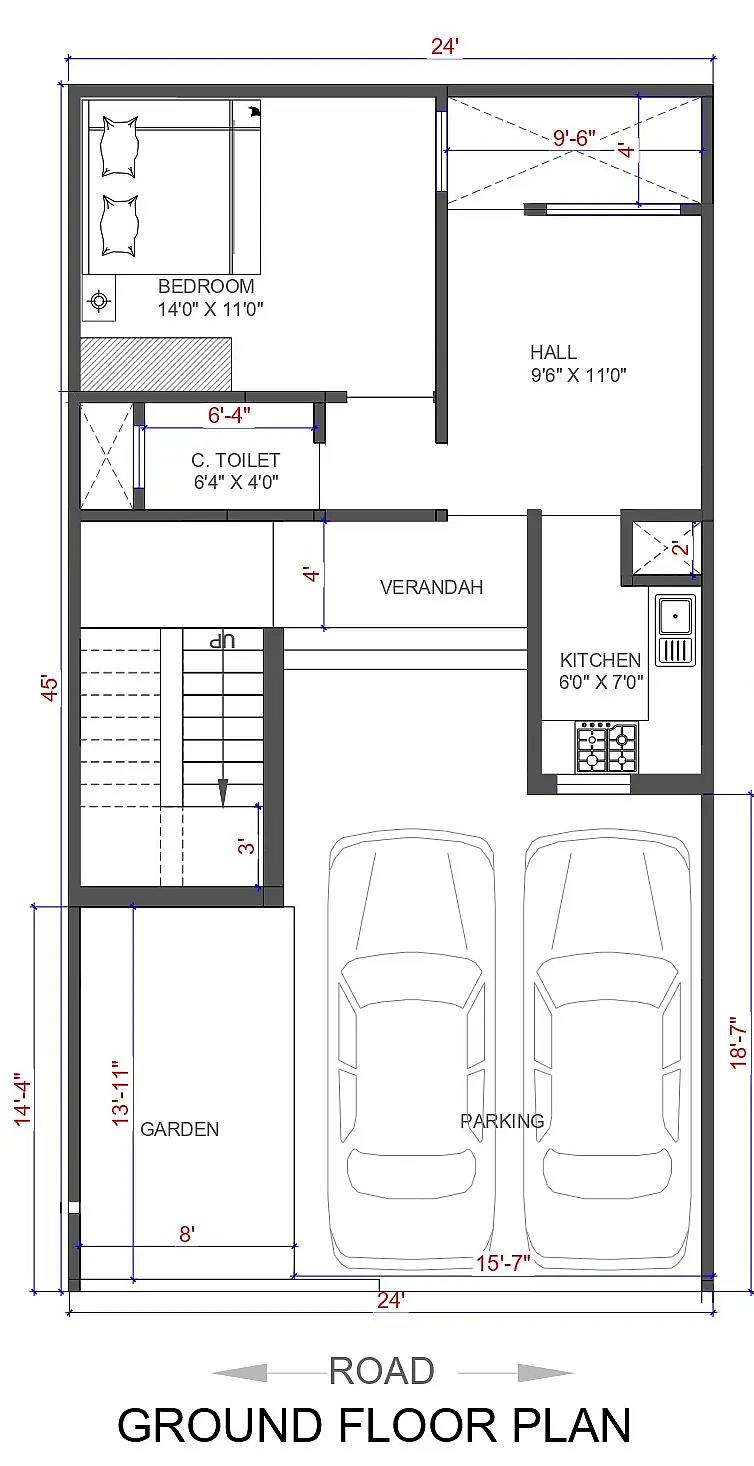 24X45 House plan- 1080 sqft Residential house design At Najafgarh thumbnail 2 — Project ID 8515