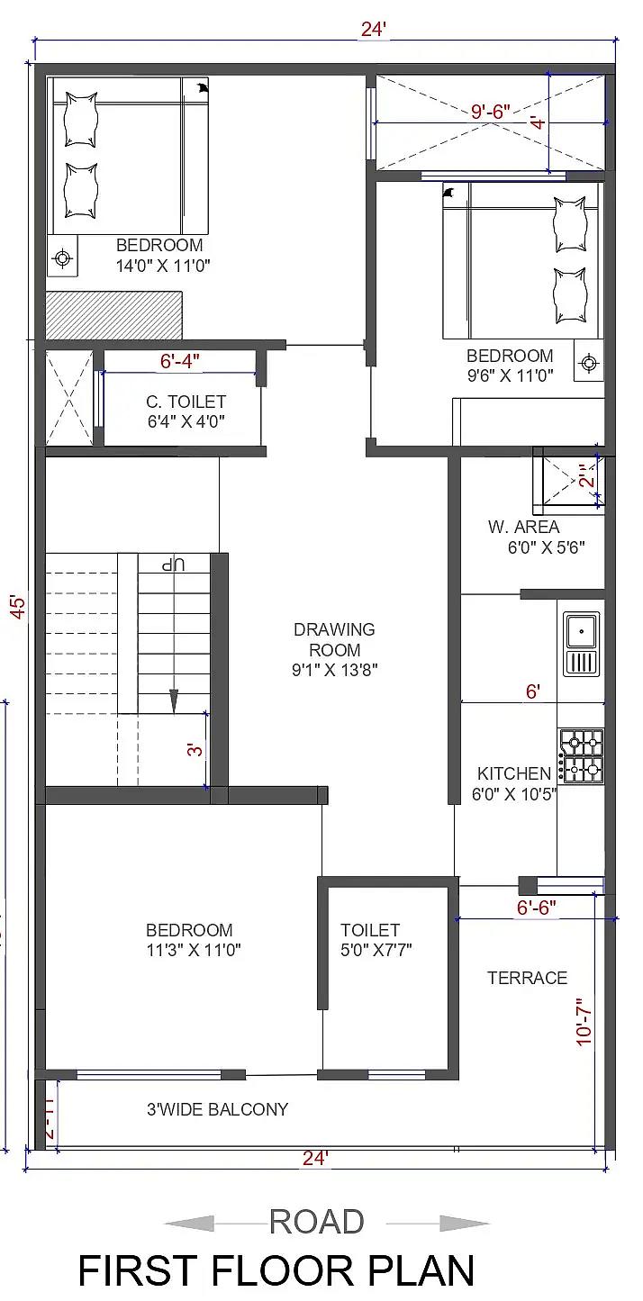 24X45 House plan- 1080 sqft Residential house design At Najafgarh thumbnail 3 — Project ID 8515