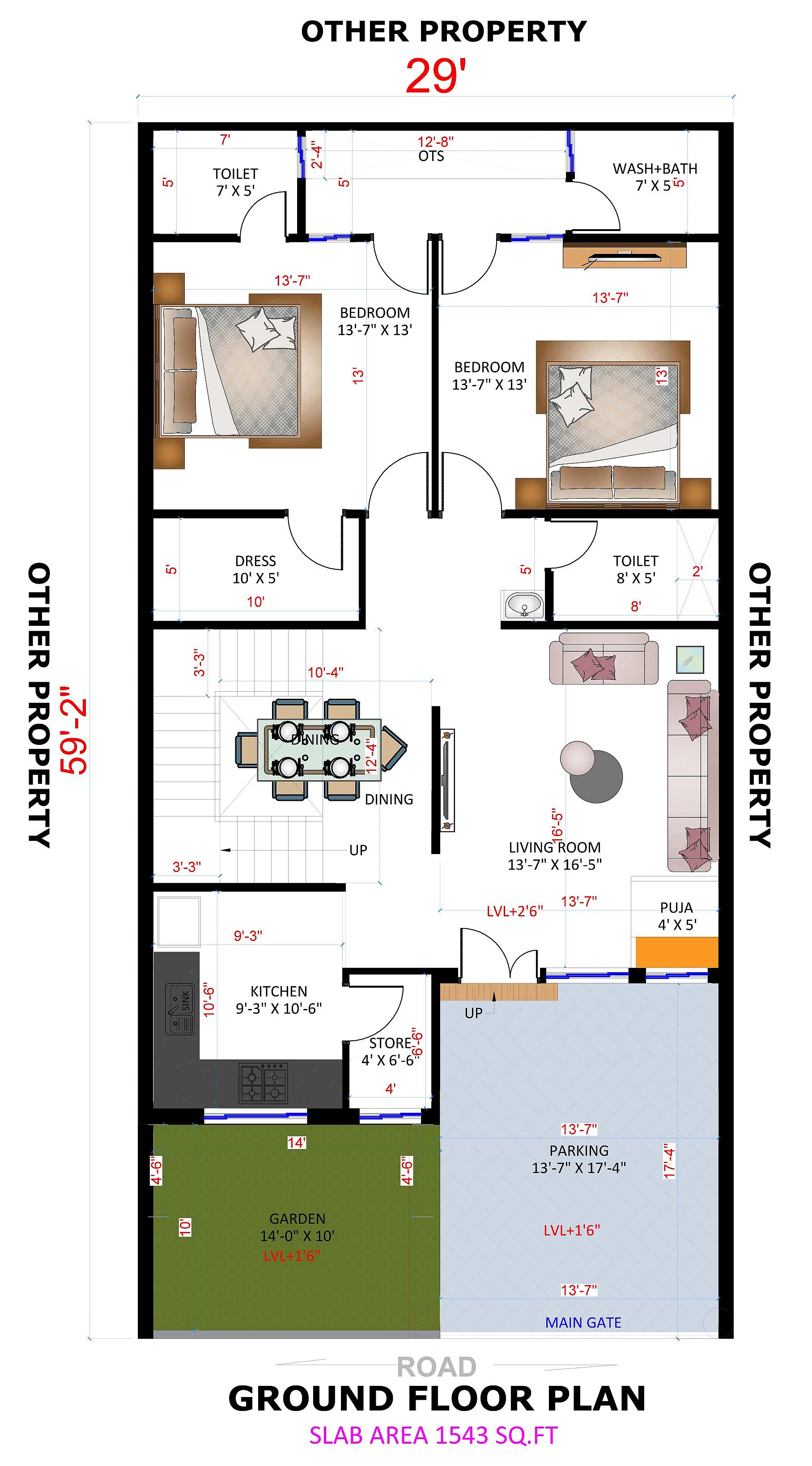 29X59 House plan- 1711 sqft Residential house design At NewDelhi thumbnail 3 — Project ID 8516