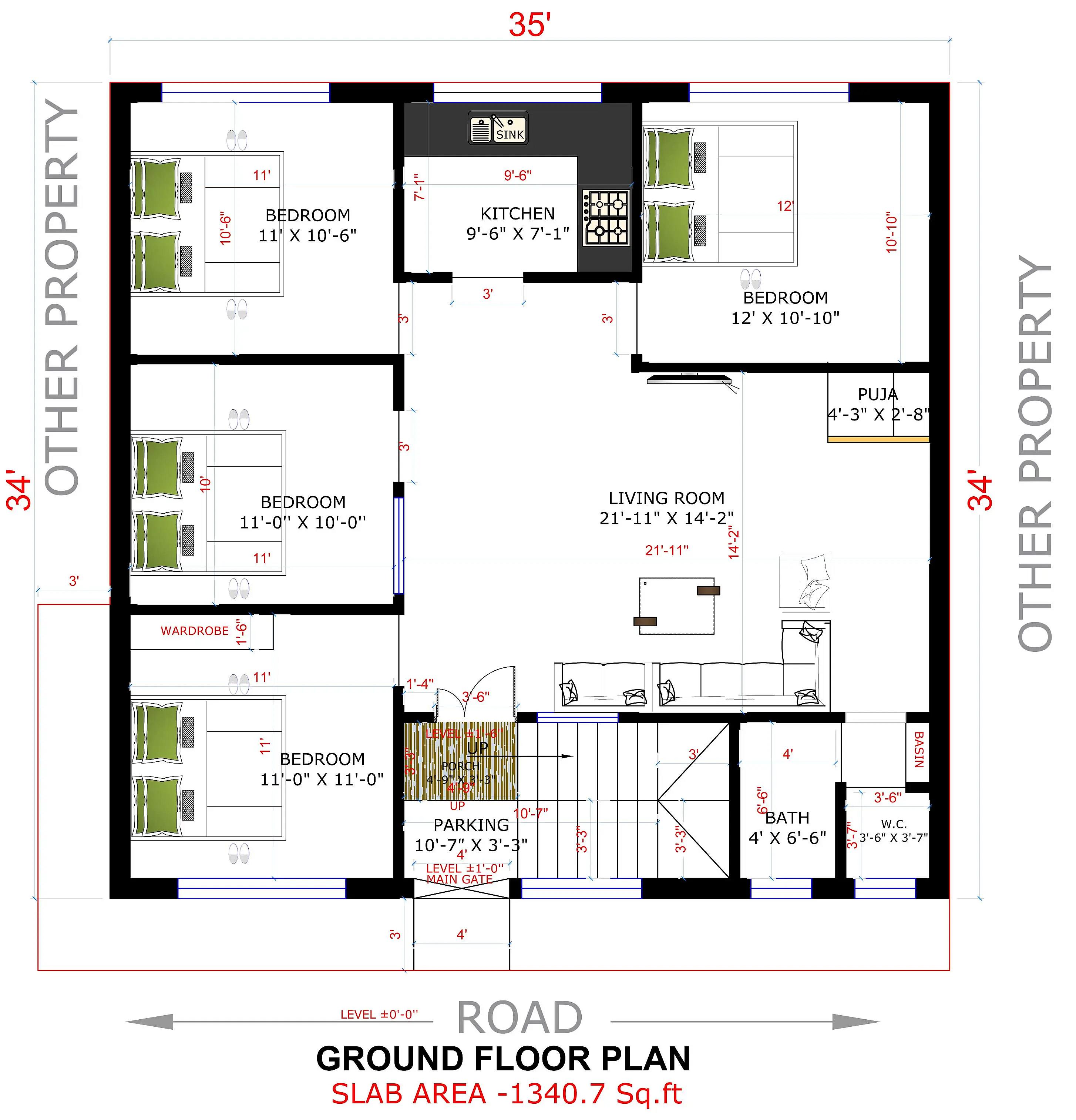 35X34 House plan- 1190 sqft Residential house design At Bodhgaya thumbnail 2 — Project ID 8519
