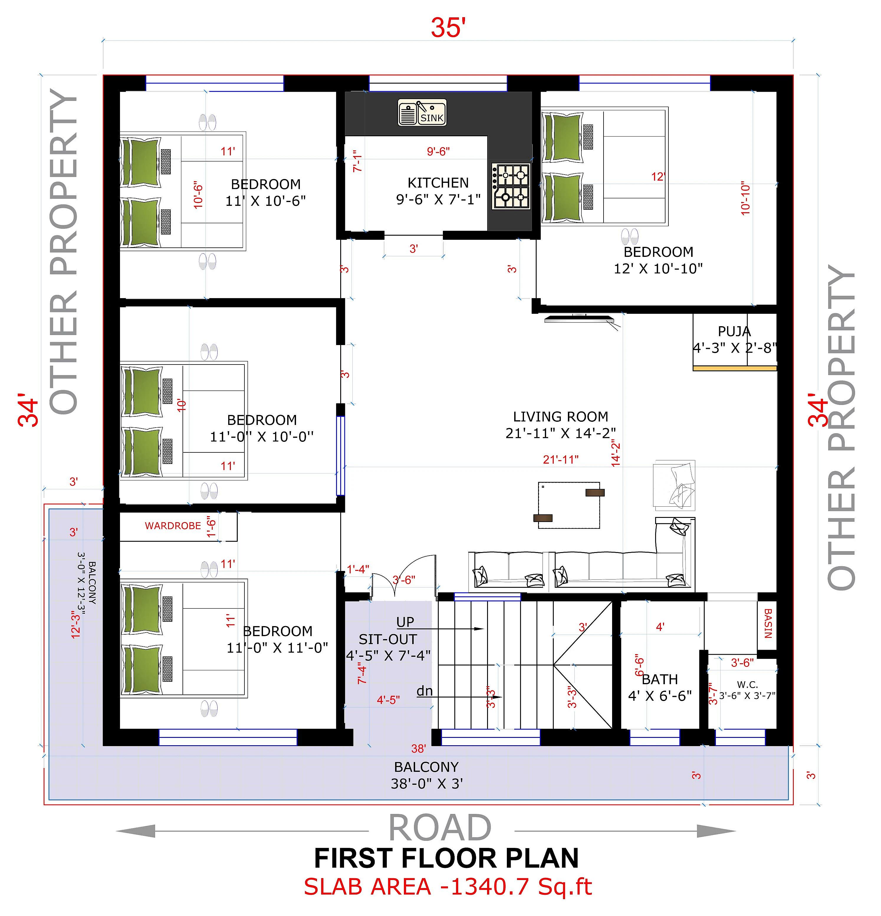 35X34 House plan- 1190 sqft Residential house design At Bodhgaya thumbnail 3 — Project ID 8519