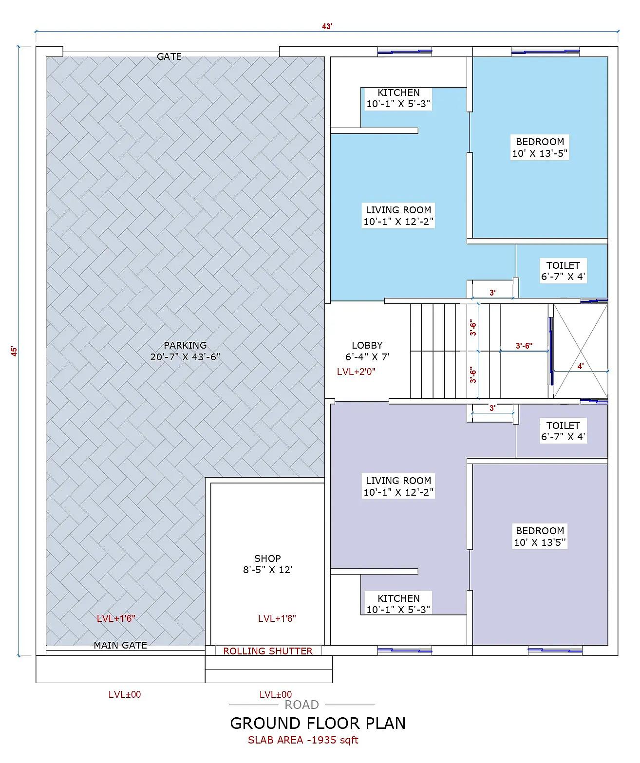 43X45 Apartment plan- 1935 sqft Residential house design At Gurgaon thumbnail 2 — Project ID 8521