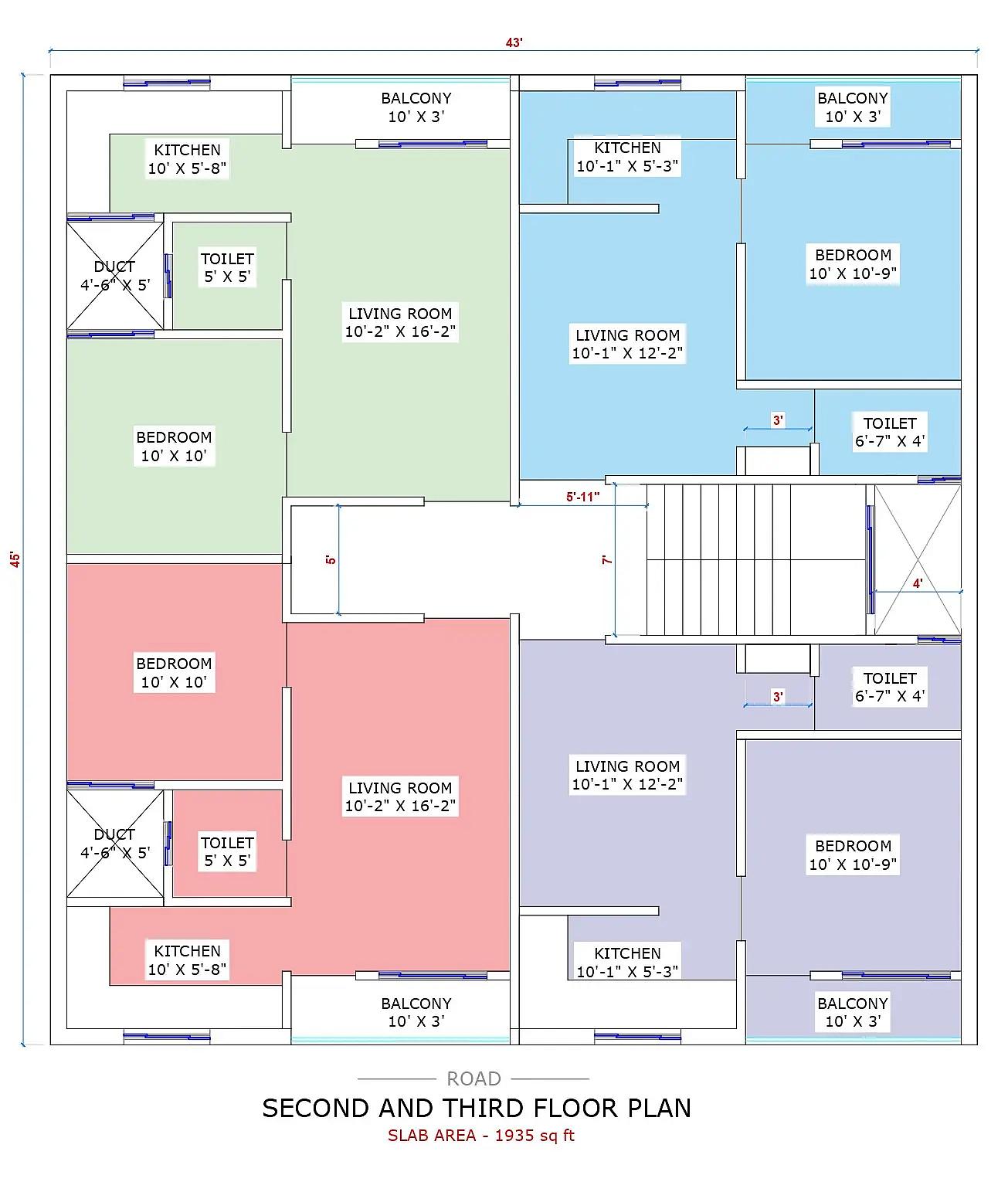 43X45 Apartment plan- 1935 sqft Residential house design At Gurgaon thumbnail 4 — Project ID 8521