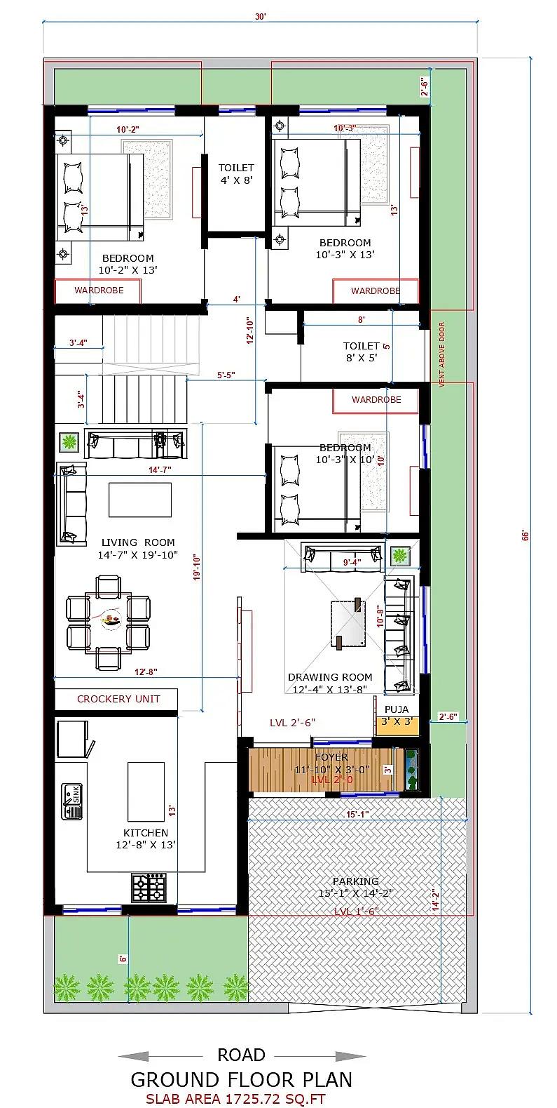 30X66 House plan- 1980 sqft Residential house design At Jhunjhunu thumbnail 2 — Project ID 8522