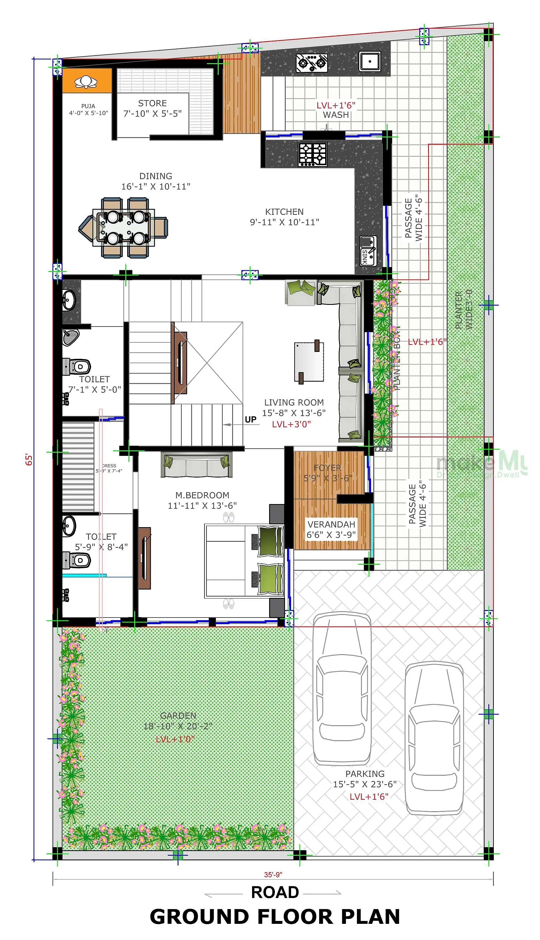35X65 House plan- 2275 sqft Residential house design At Dholka thumbnail 4 — Project ID 8537
