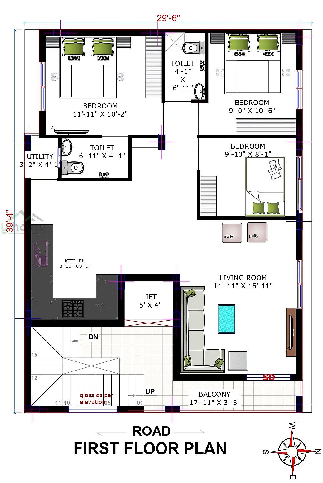29X39 Apartment plan- 1131 sqft Residential house design At Bangalore thumbnail 5 — Project ID 8538