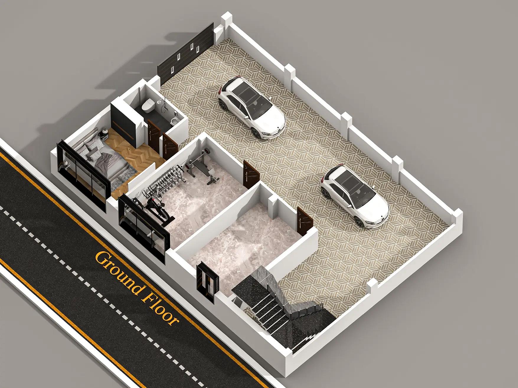 56X42 House with Gym plan- 2352 sqft Residential house design At Bilaspur thumbnail 4 — Project ID 8540