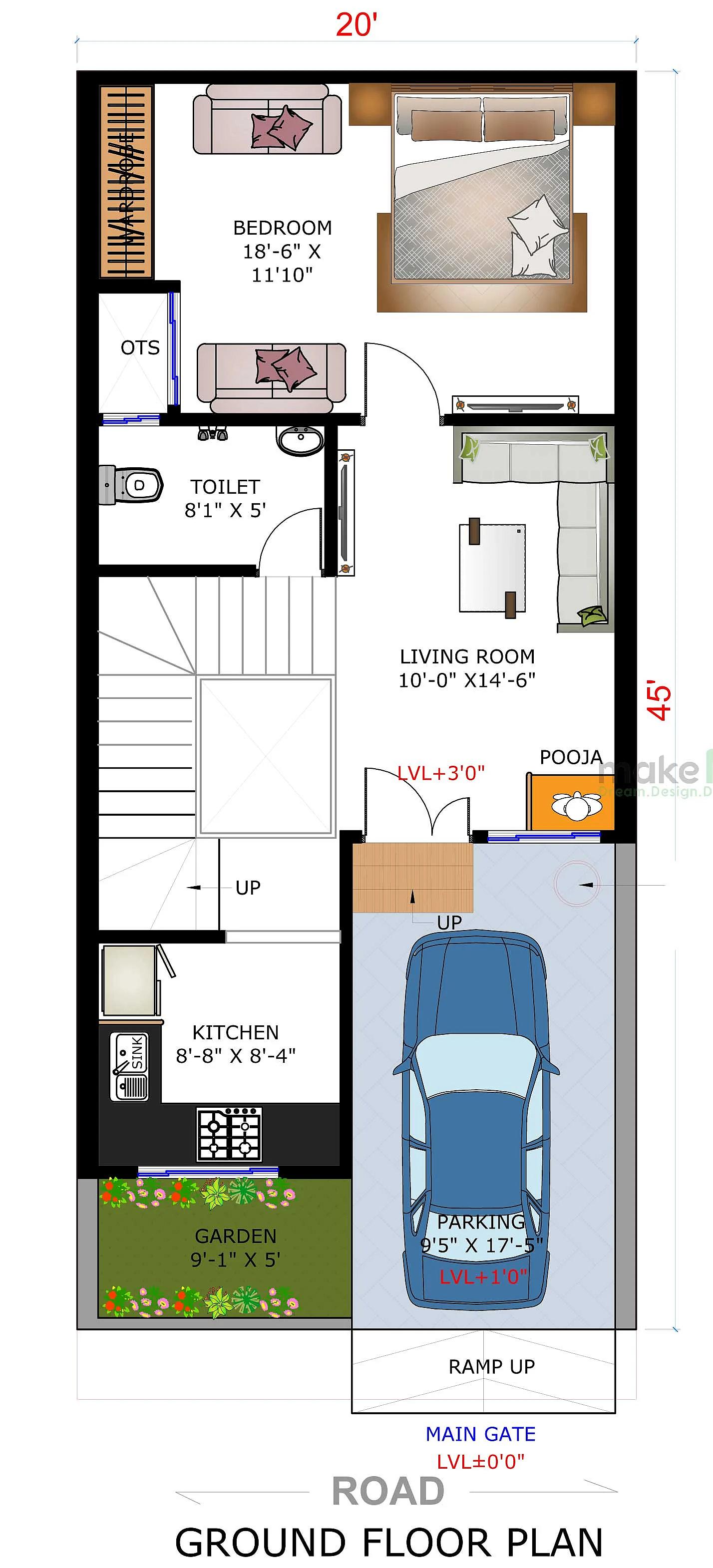 20X45 House plan- 900 sqft Residential house design At Ganaur thumbnail 4 — Project ID 8543