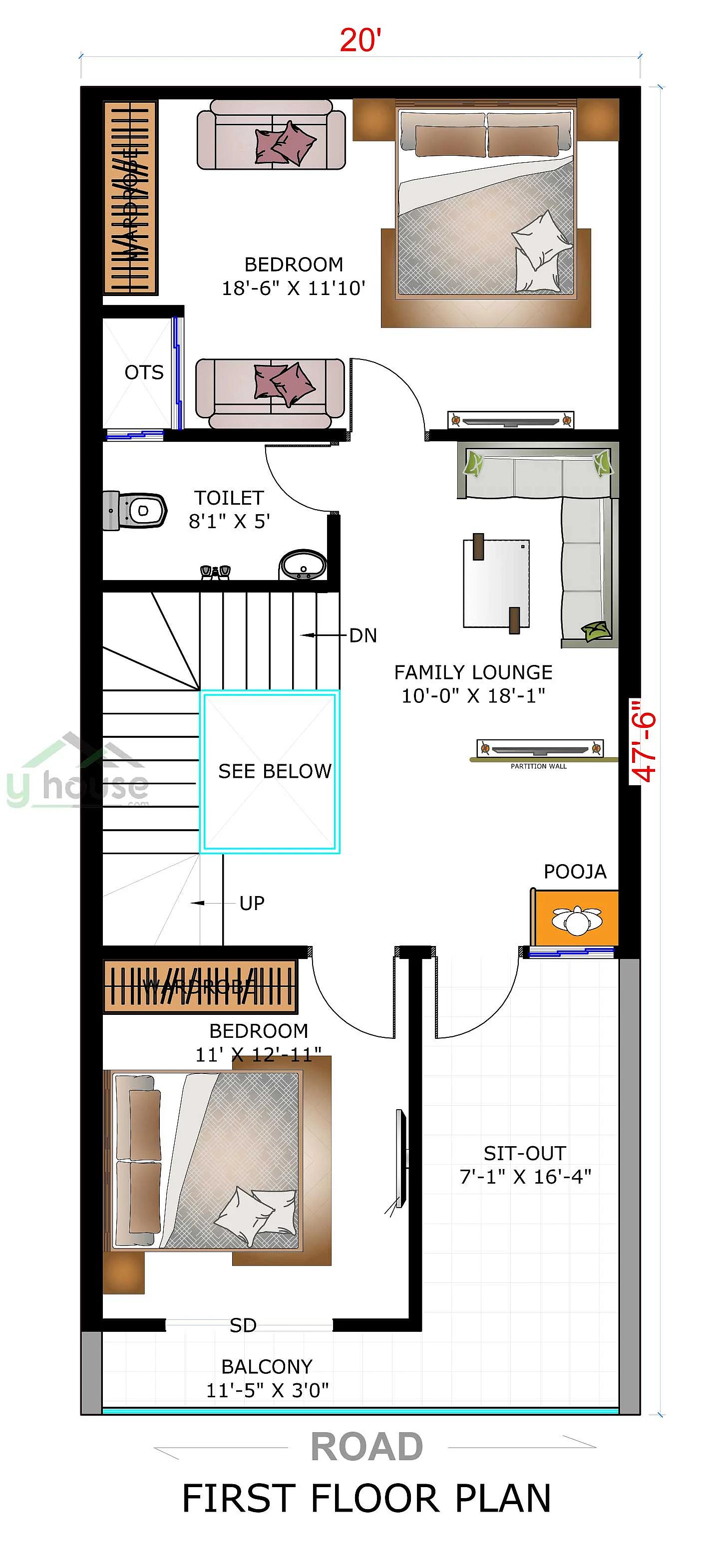 20X45 House plan- 900 sqft Residential house design At Ganaur thumbnail 5 — Project ID 8543