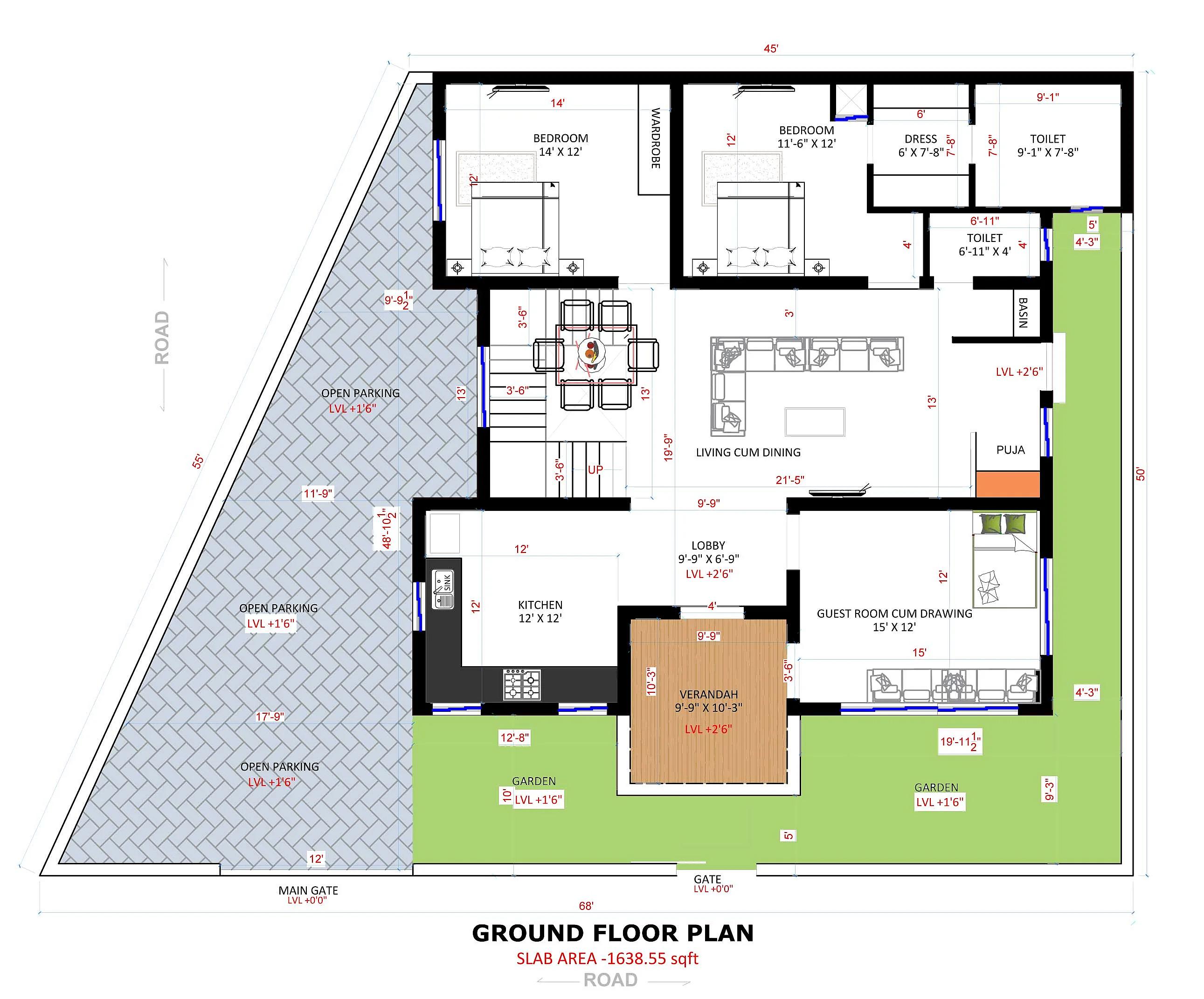 45X50 House plan- 2250 sqft Residential house design At Pawa thumbnail 2 — Project ID 8546