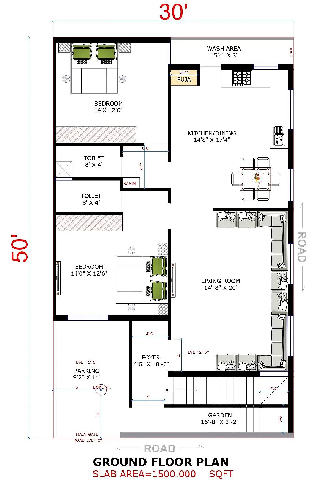 30X50 House With Office plan- 1500 sqft Residential house design At Indore thumbnail 3 — Project ID 8551