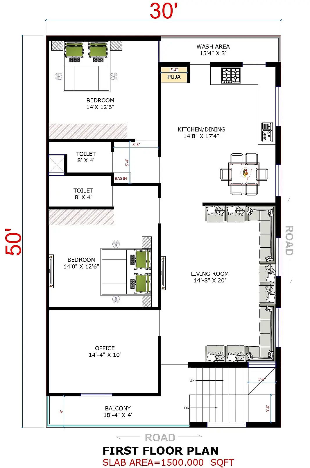 30X50 House With Office plan- 1500 sqft Residential house design At Indore thumbnail 4 — Project ID 8551