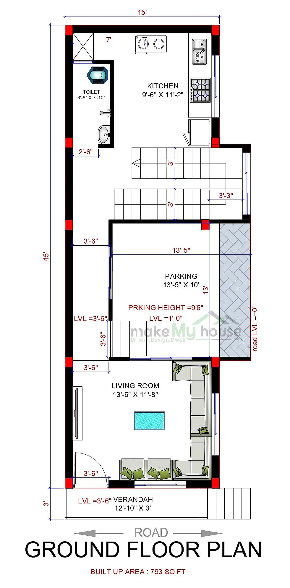 15X45 House plan- 675 sqft Residential house design At Sagwara thumbnail 2 — Project ID 8552