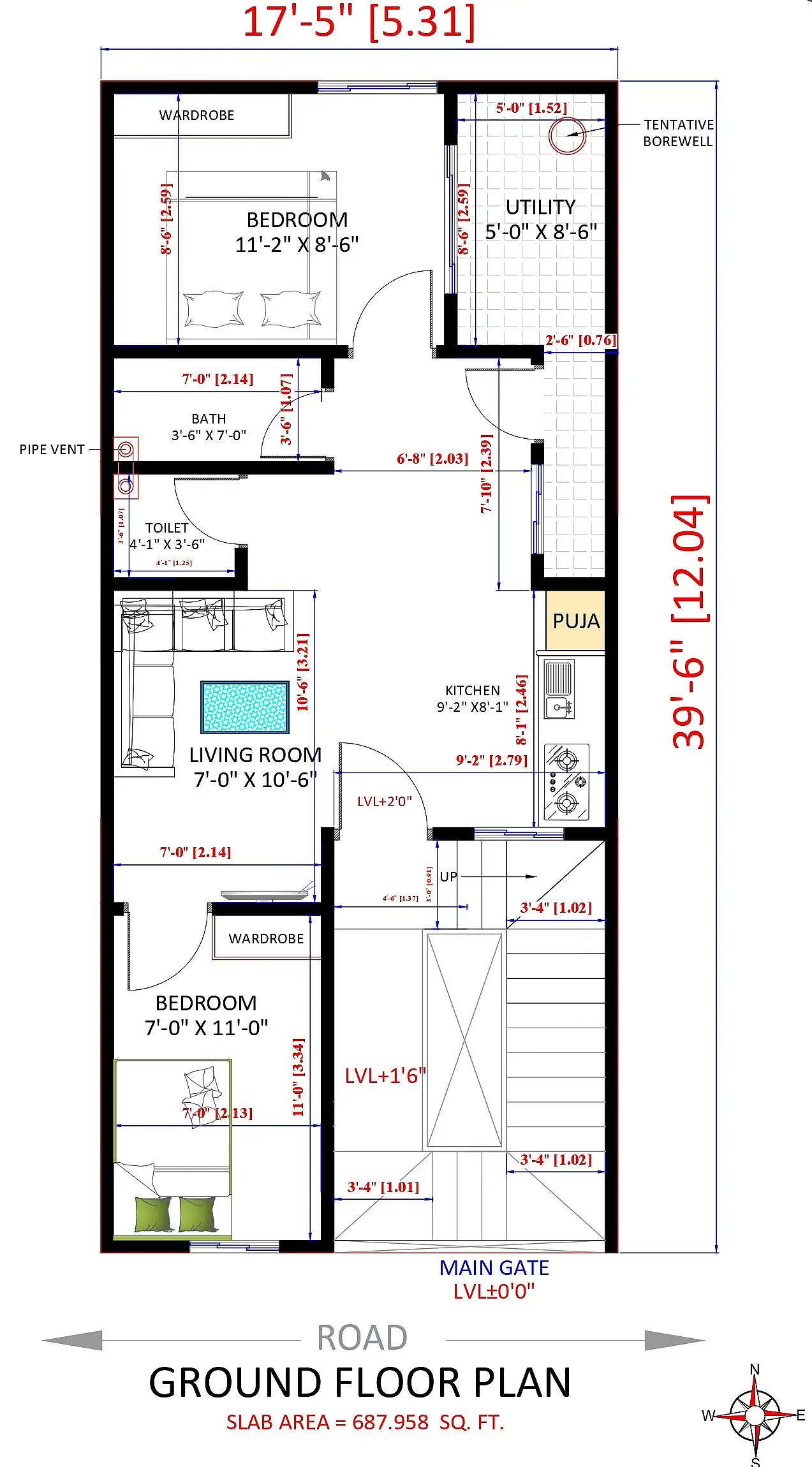 17X39 House plan- 663 sqft Residential house design At Dandeli thumbnail 2 — Project ID 8553